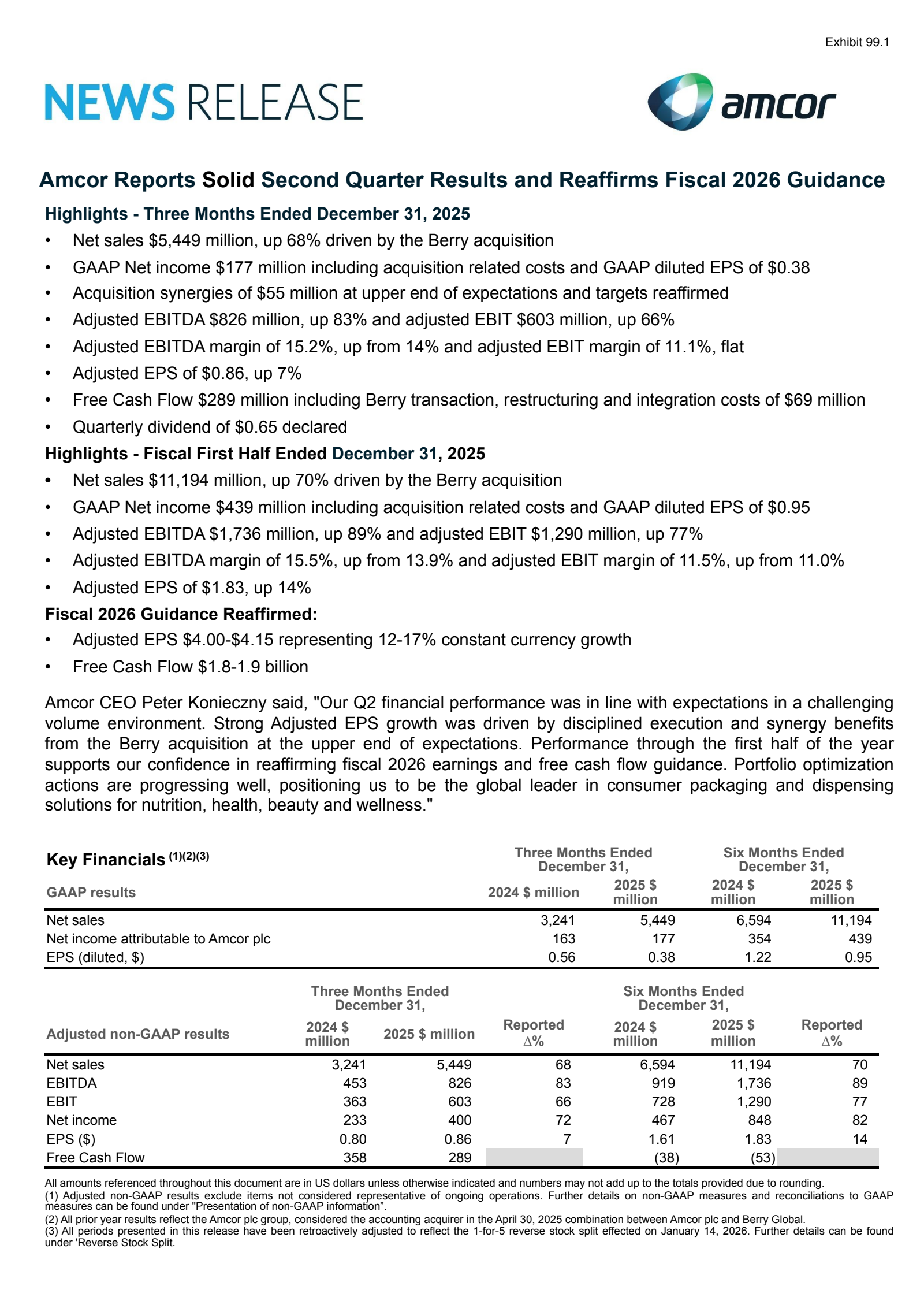 Amcor's Q2 2026 Press Release
