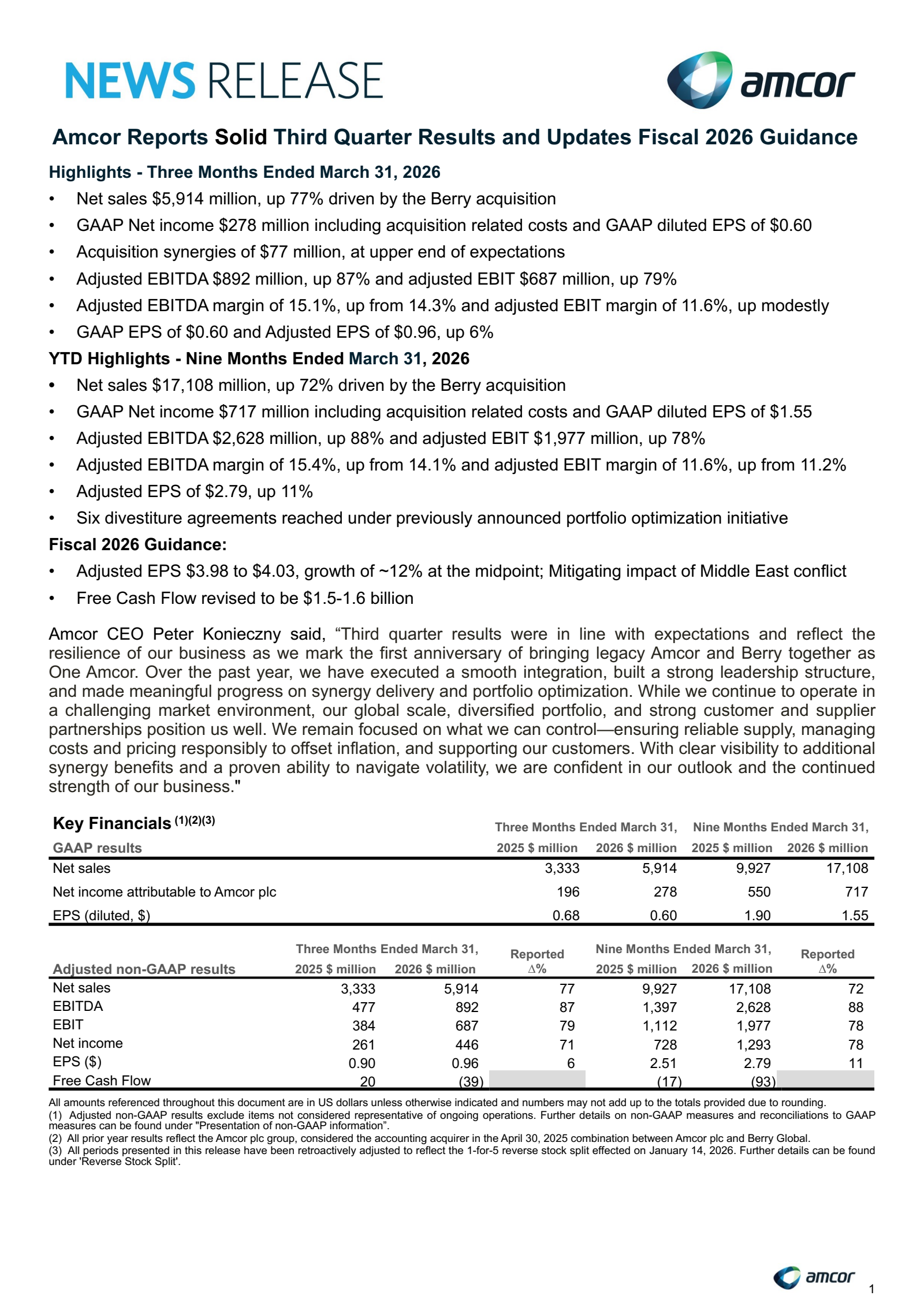 Amcor's Q3 2026 Press Release