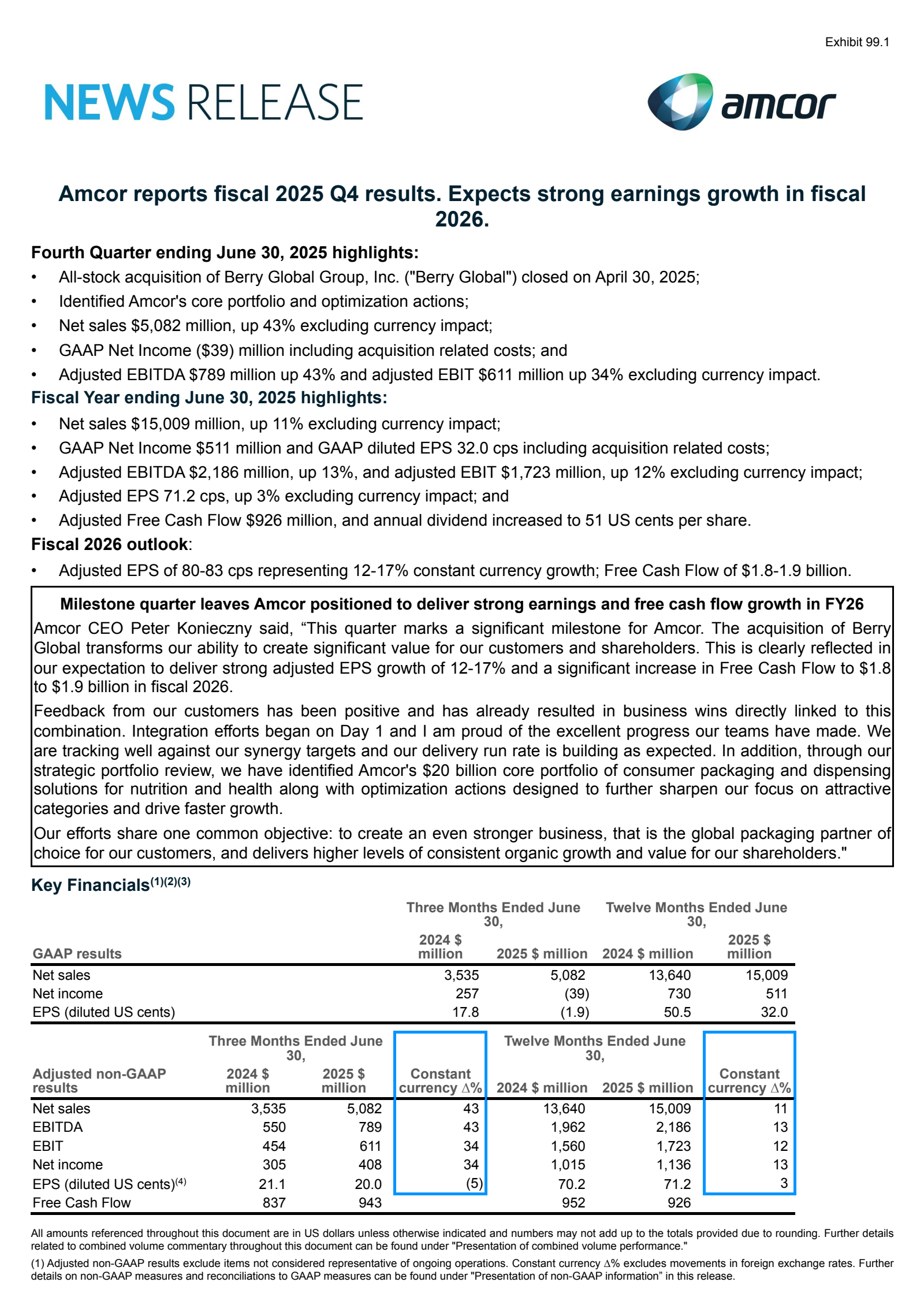 Amcor's Q4 2025 Press Release