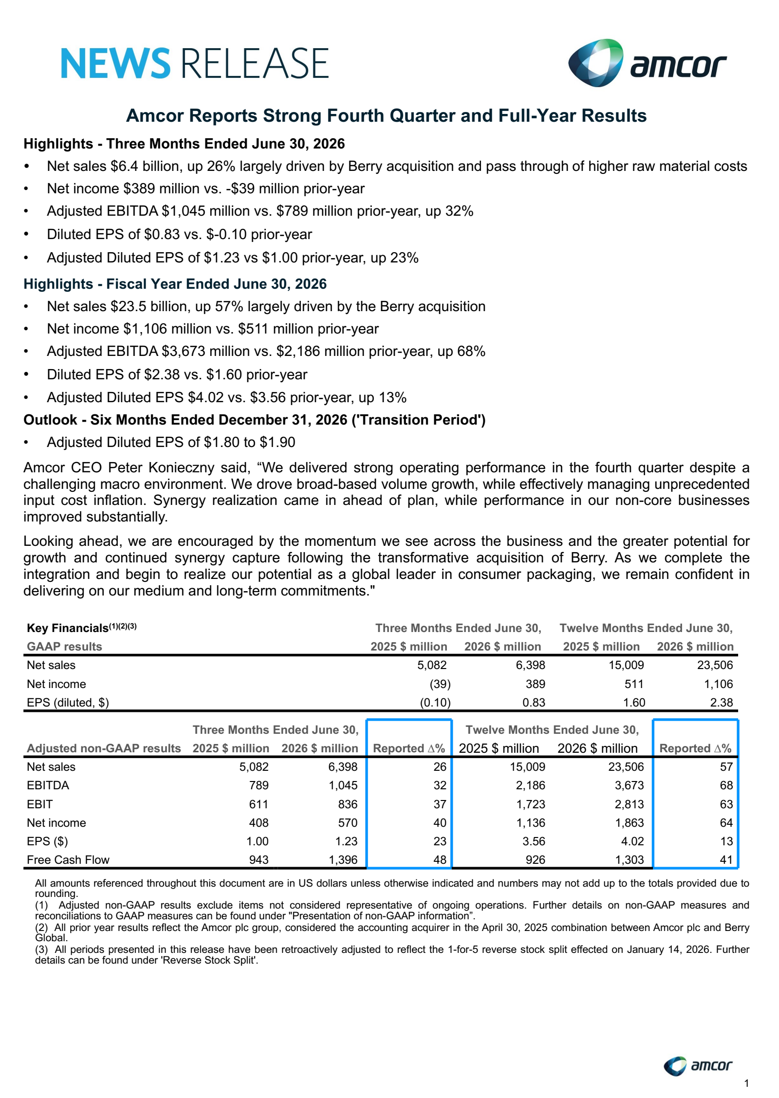 Amcor's Q4 2026 Press Release
