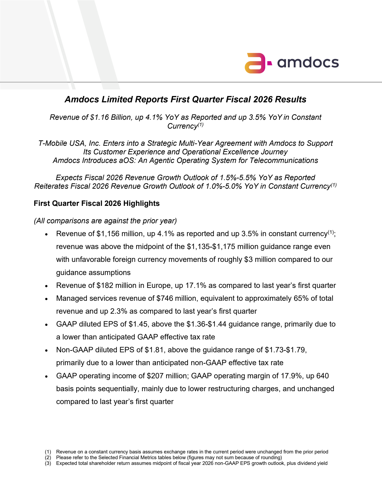 Amdocs' Q1 2026 Press Release
