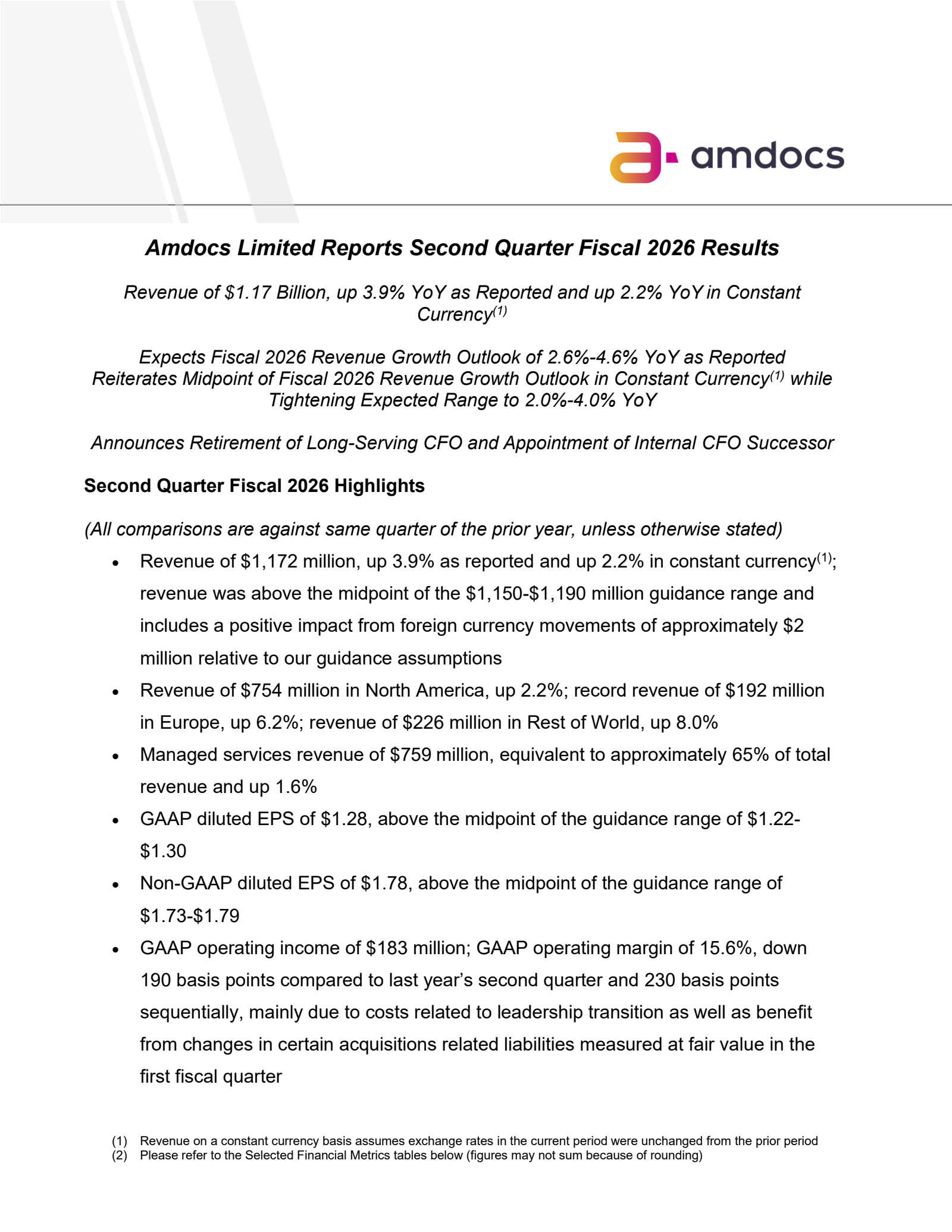 Amdocs' Q2 2026 Press Release