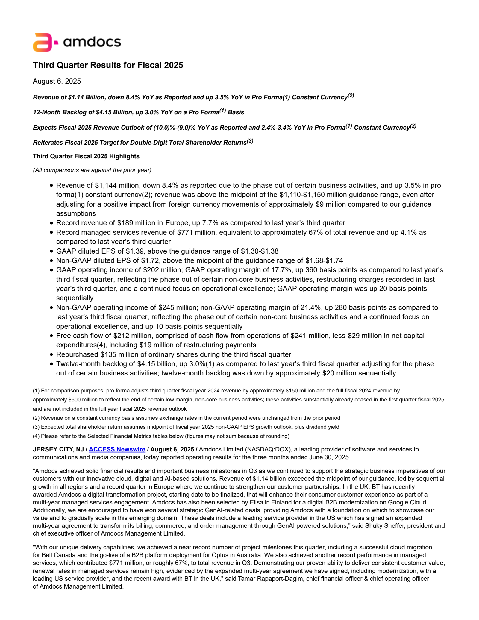 Amdocs' Q3 2025 Press Release