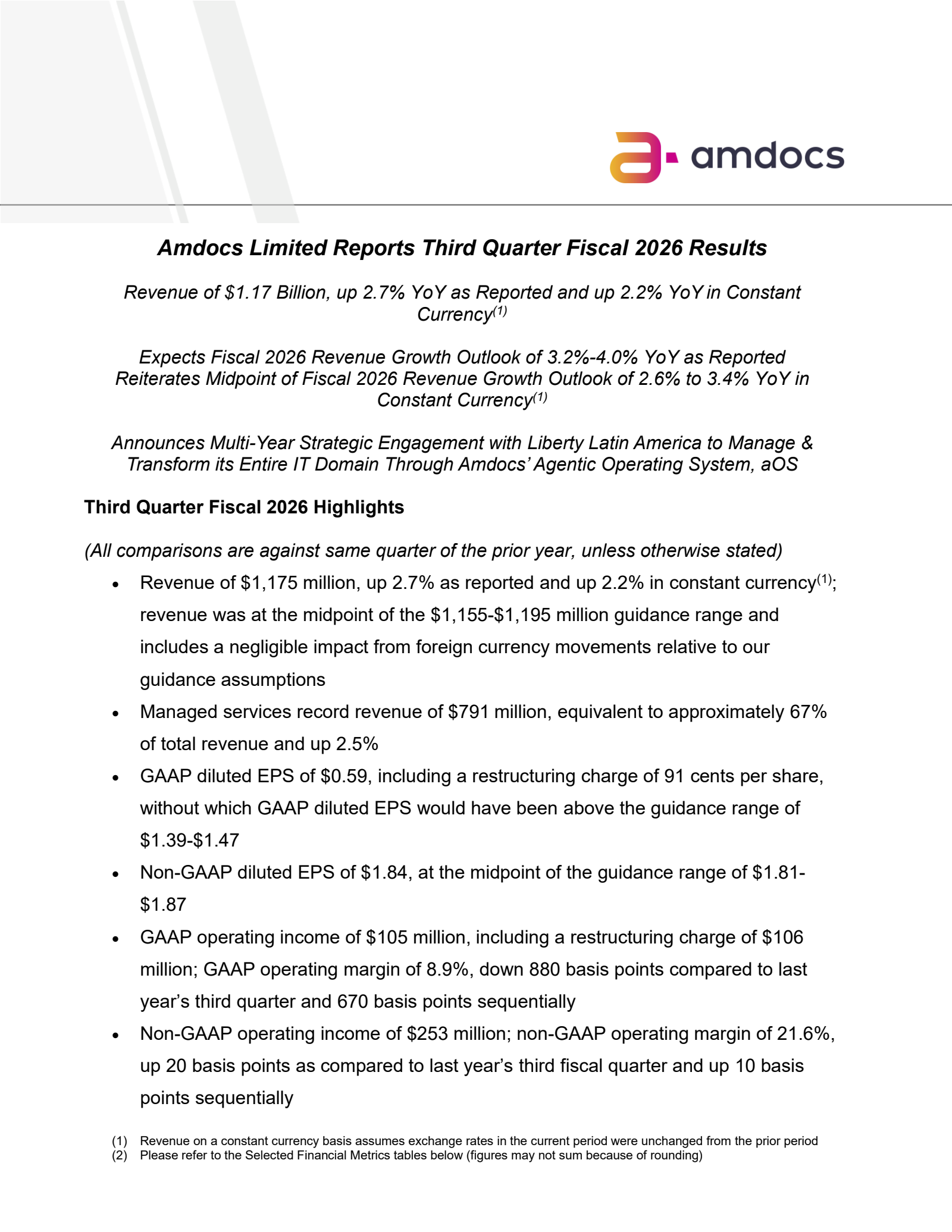 Amdocs' Q3 2026 Press Release