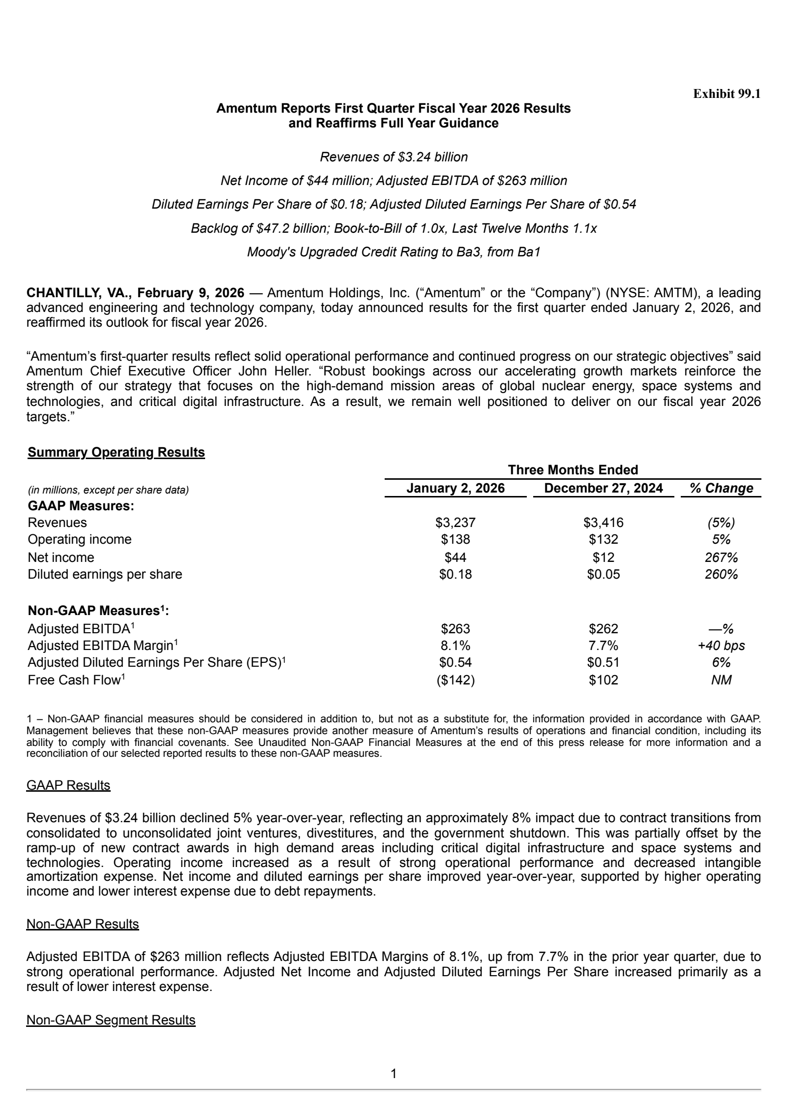 Amentum's Q1 2026 Press Release