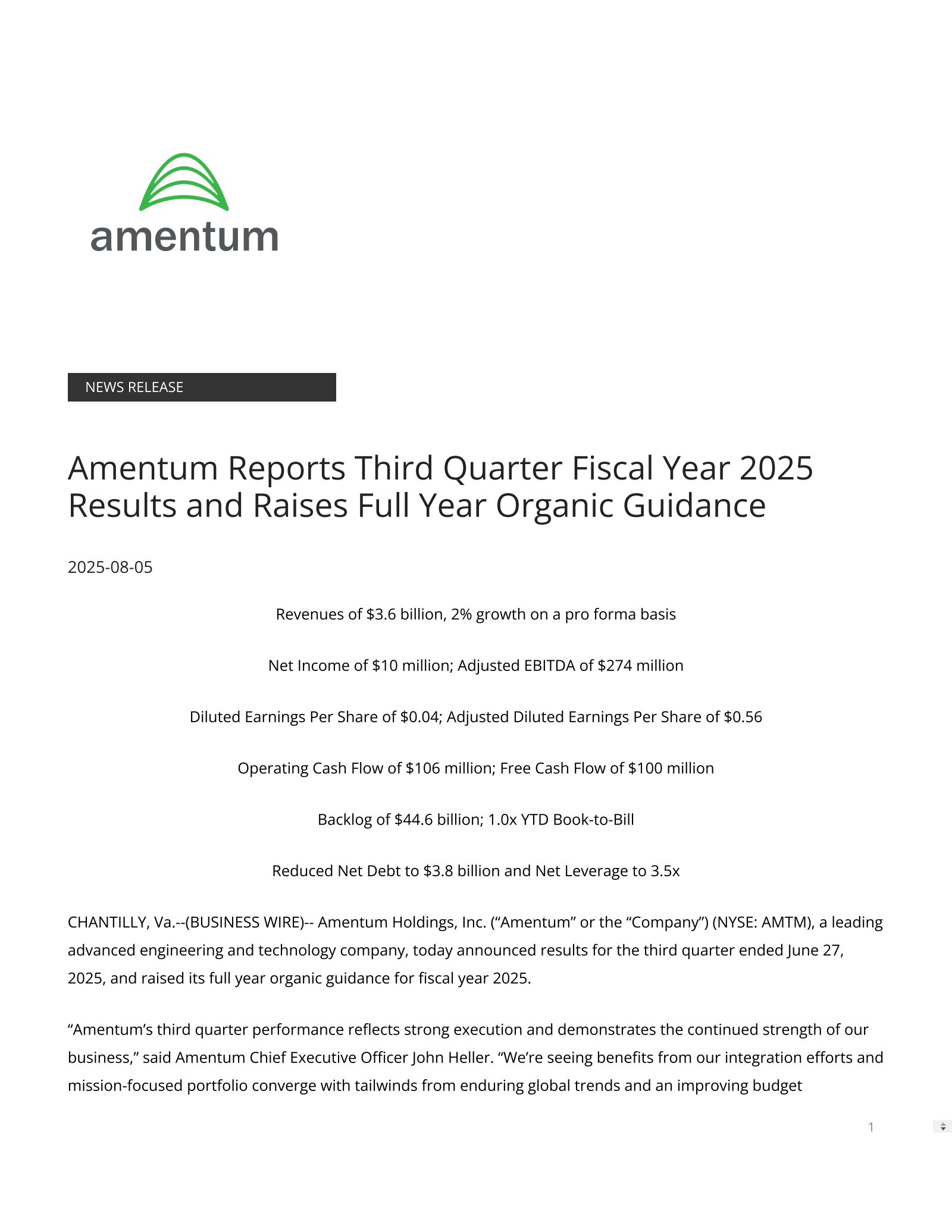 Amentum's Q3 2025 Press Release