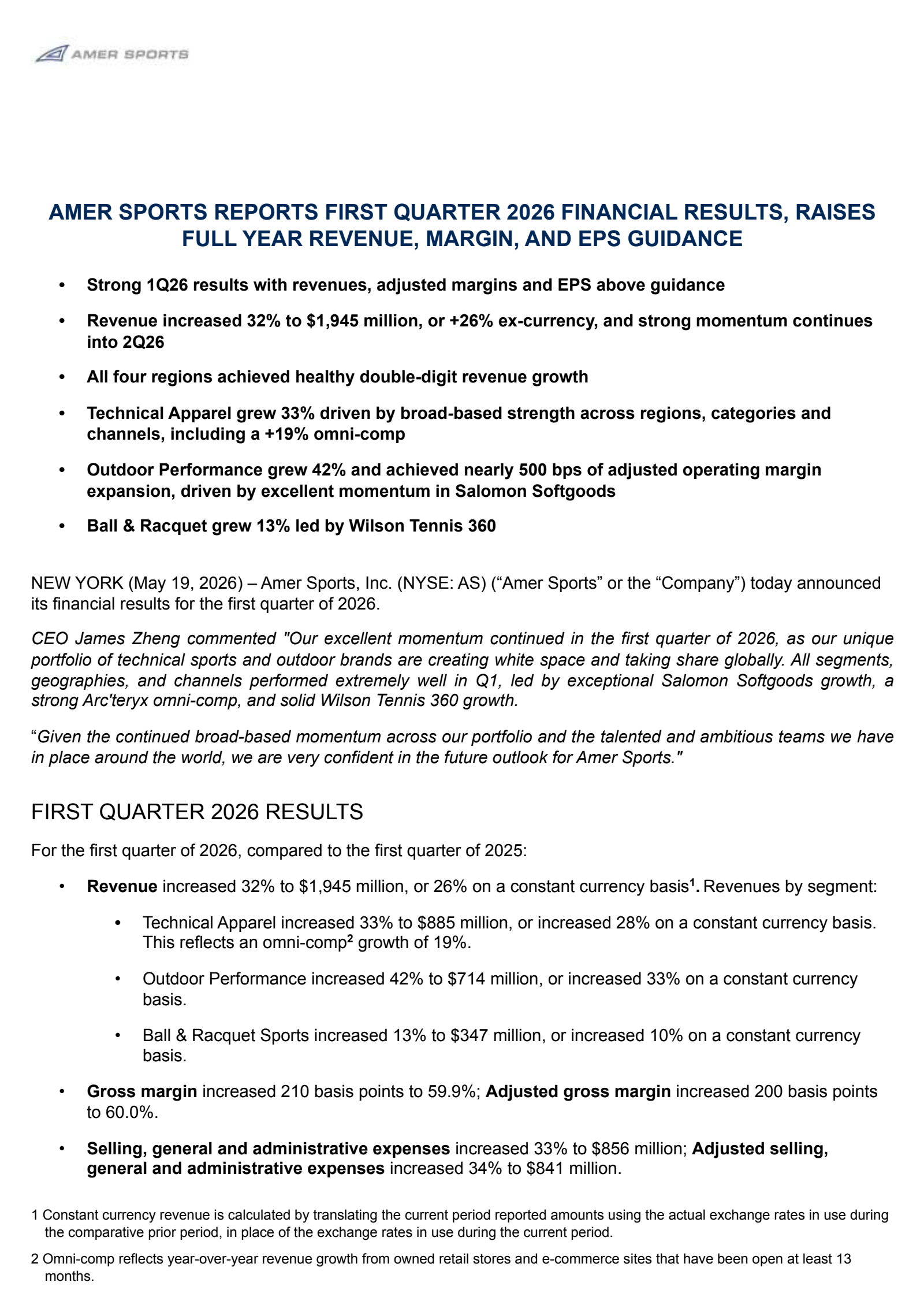 Amer Sports' Q1 2026 Press Release