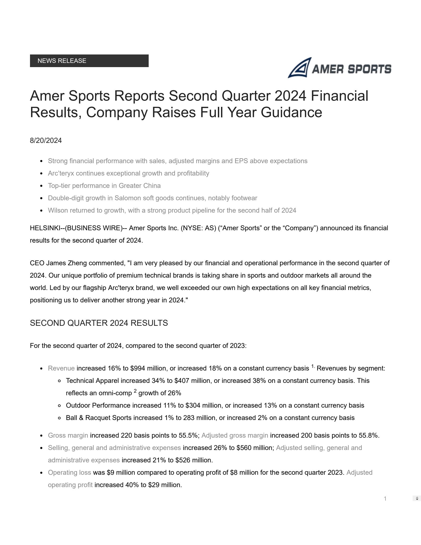 Amer Sports' Q2 2024 Press Release