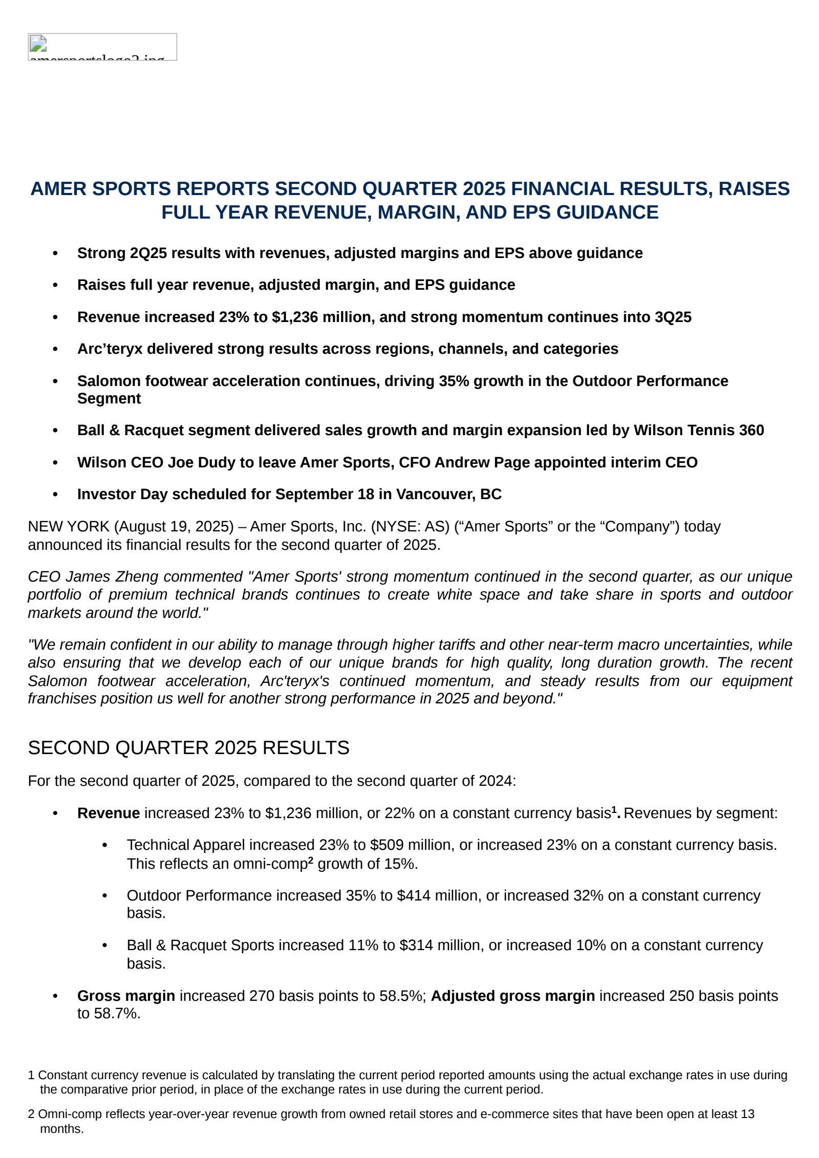 Amer Sports' Q2 2025 Press Release