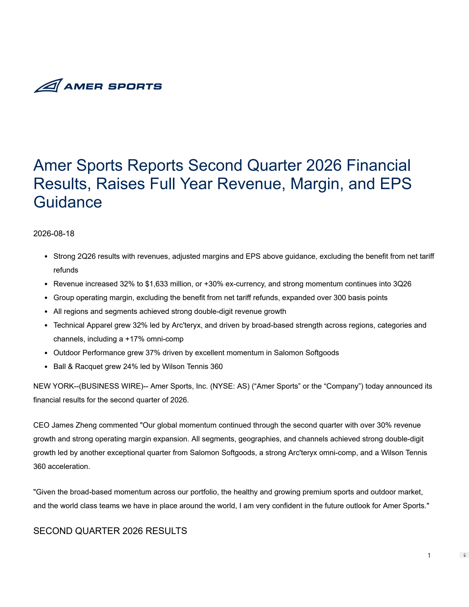 Amer Sports' Q2 2026 Press Release