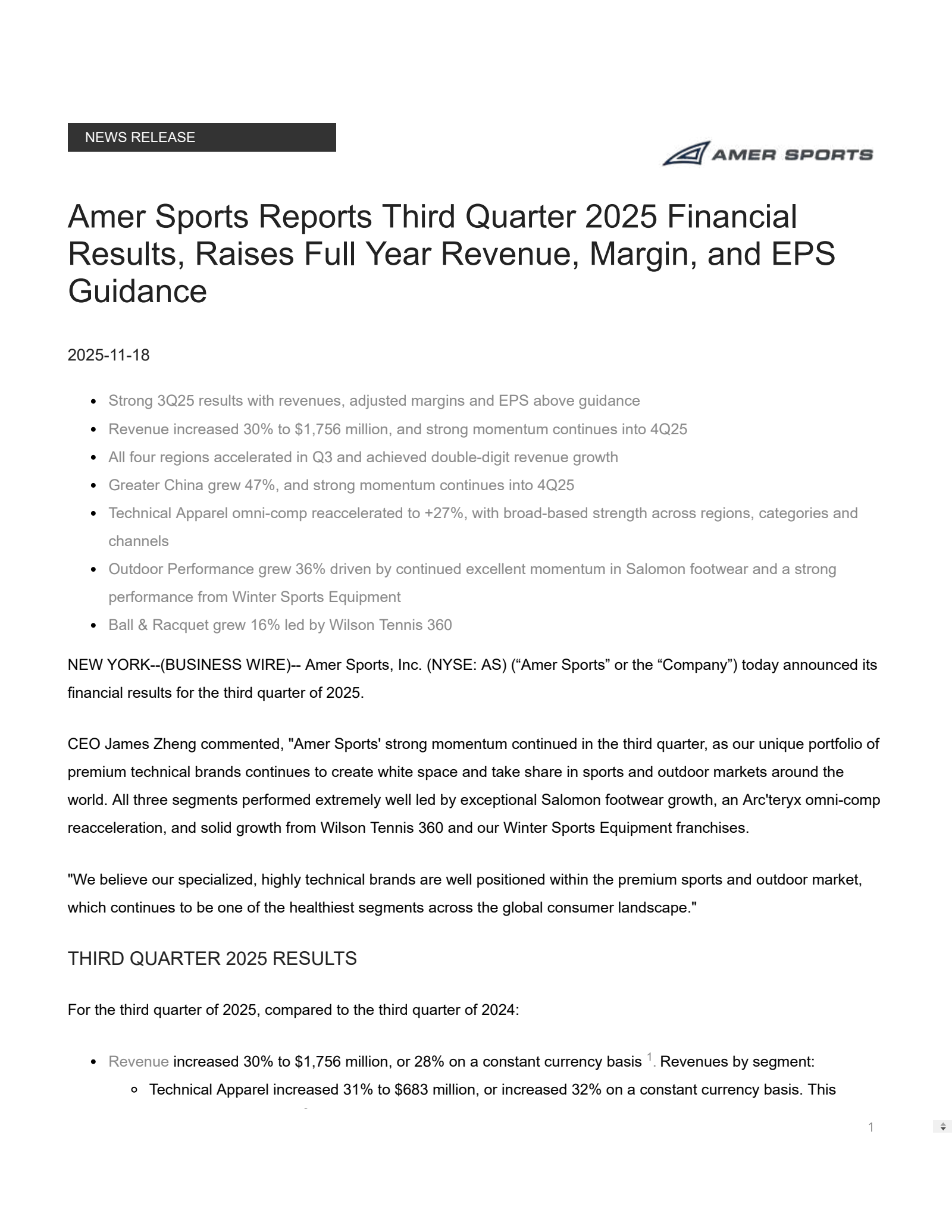 Amer Sports' Q3 2025 Earnings Release