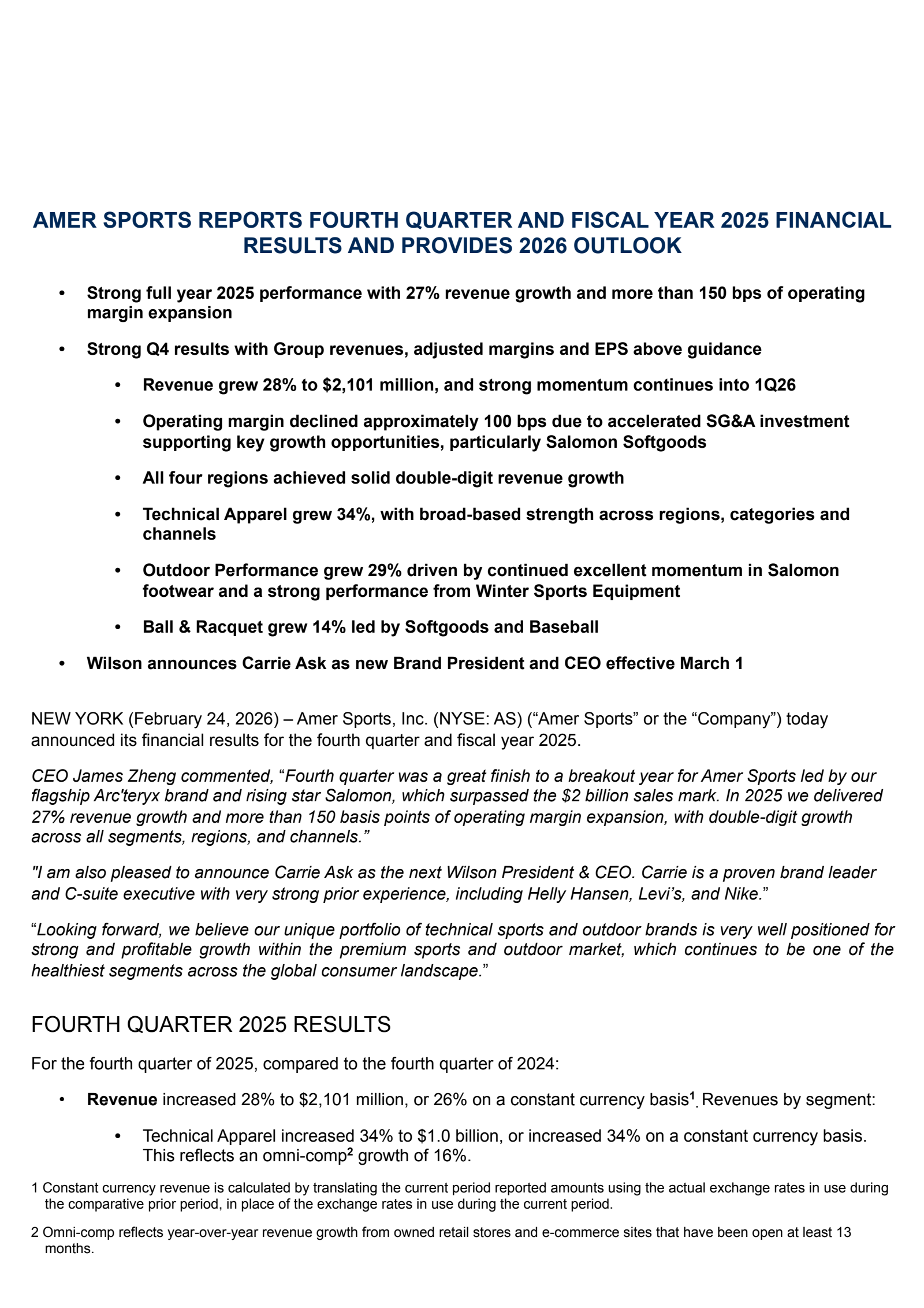 Amer Sports' Q4 2025 Press Release
