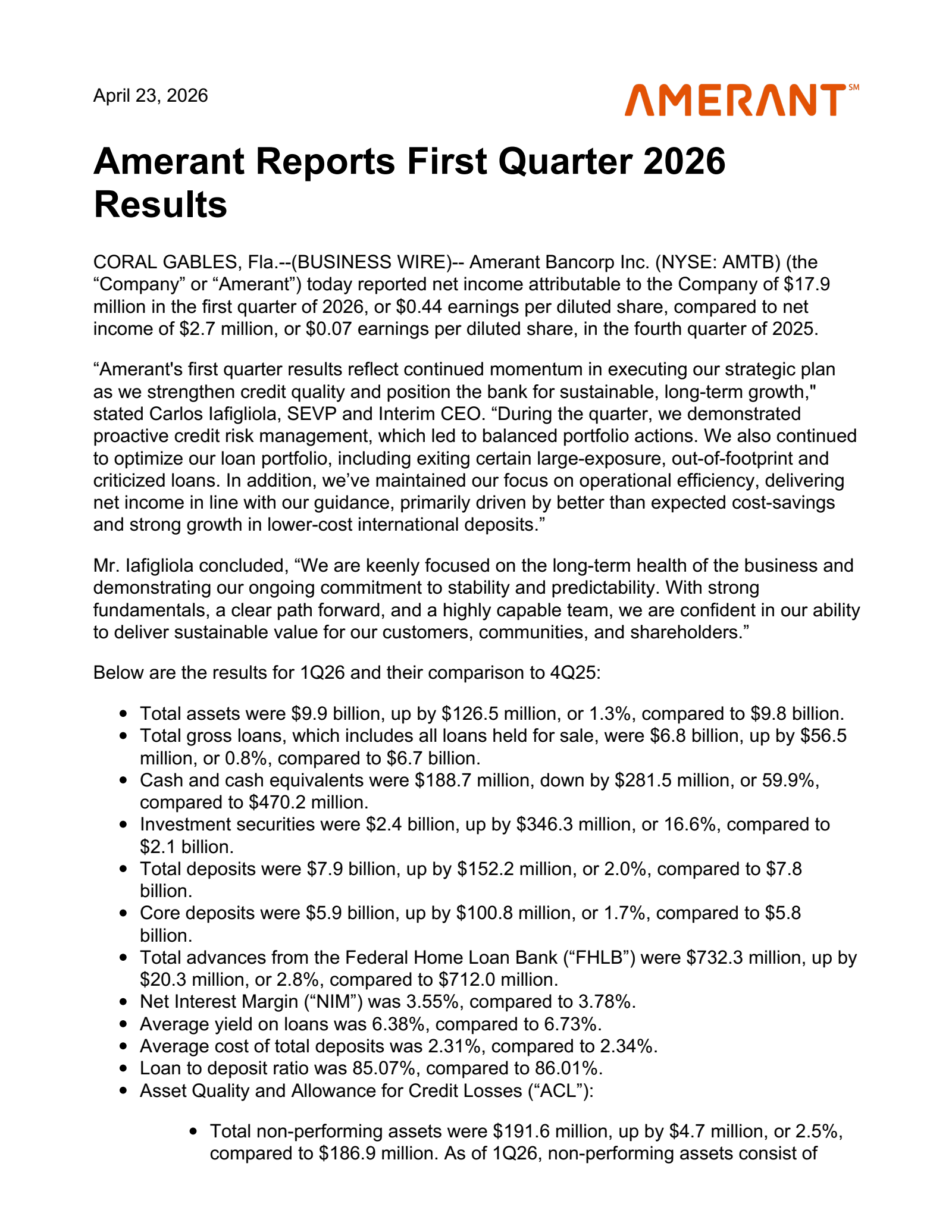 Amerant Bancorp's Q1 2026 Press Release