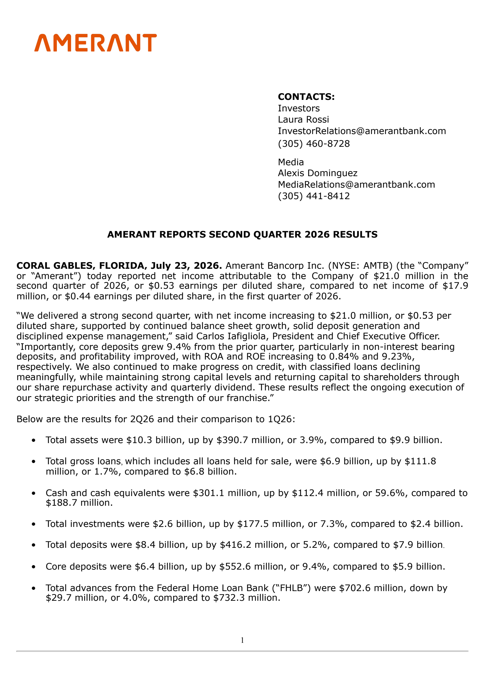 Amerant Bancorp's Q2 2026 Press Release
