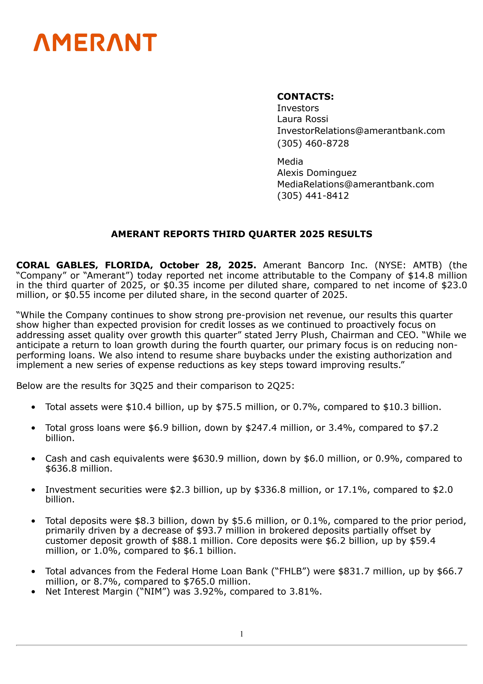 Amerant Bancorp's Q3 2025 Earnings Release