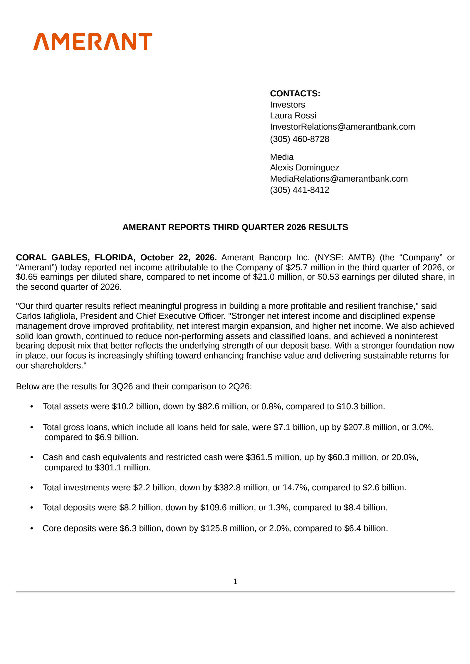 Amerant Bancorp's Q3 2026 Press Release