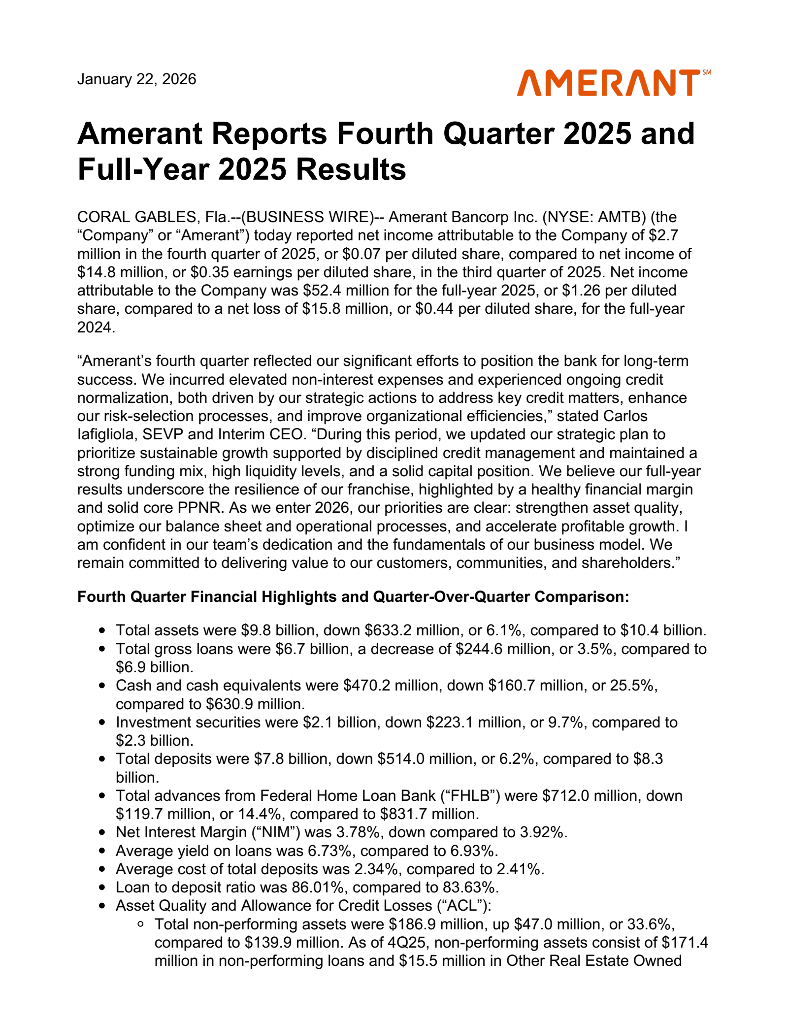 Amerant Bancorp's Q4 2025 Press Release