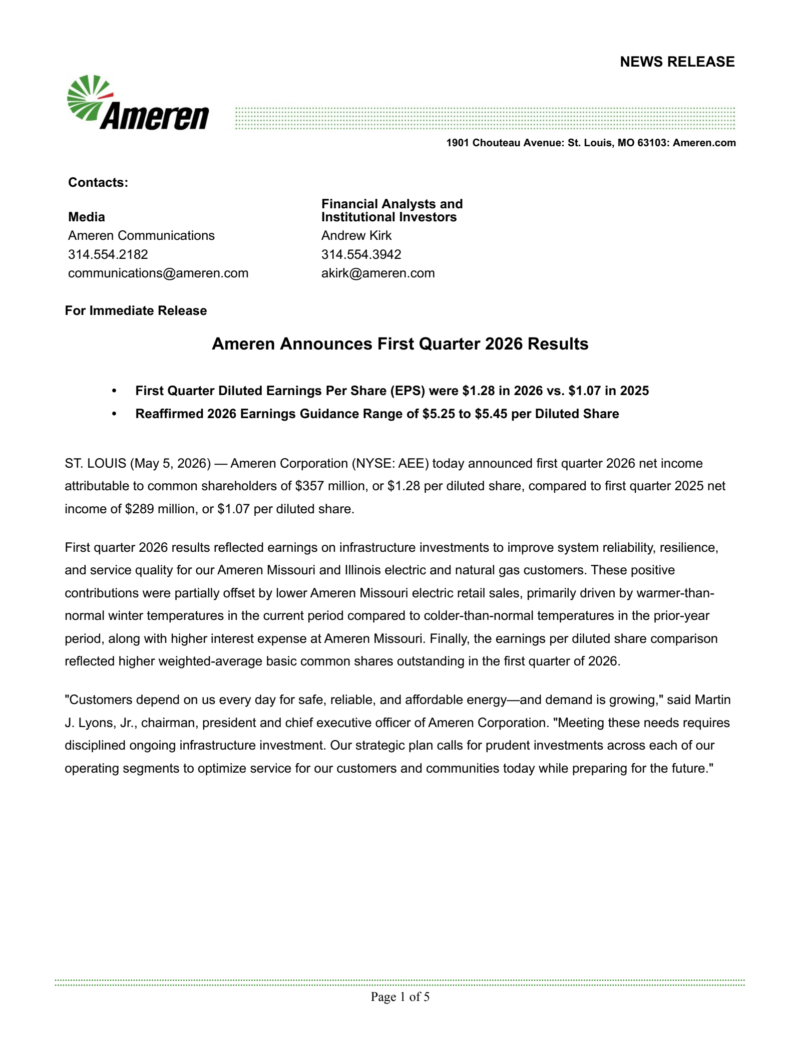 Ameren's Q1 2026 Press Release