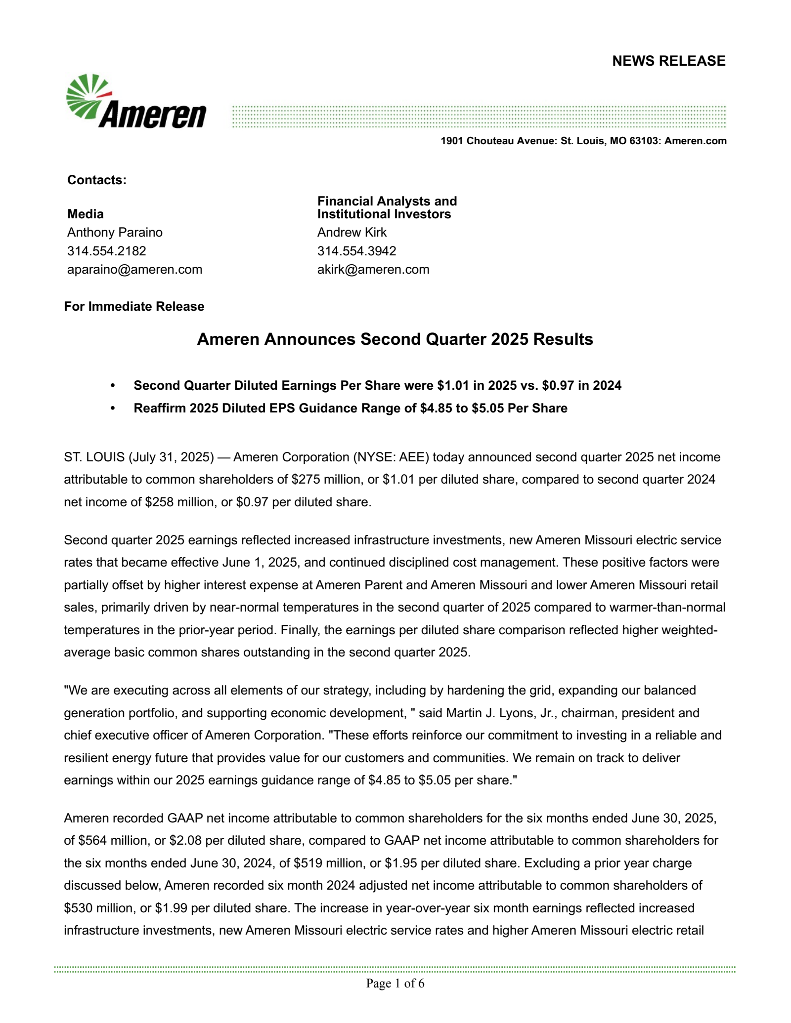 Ameren's Q2 2025 Press Release