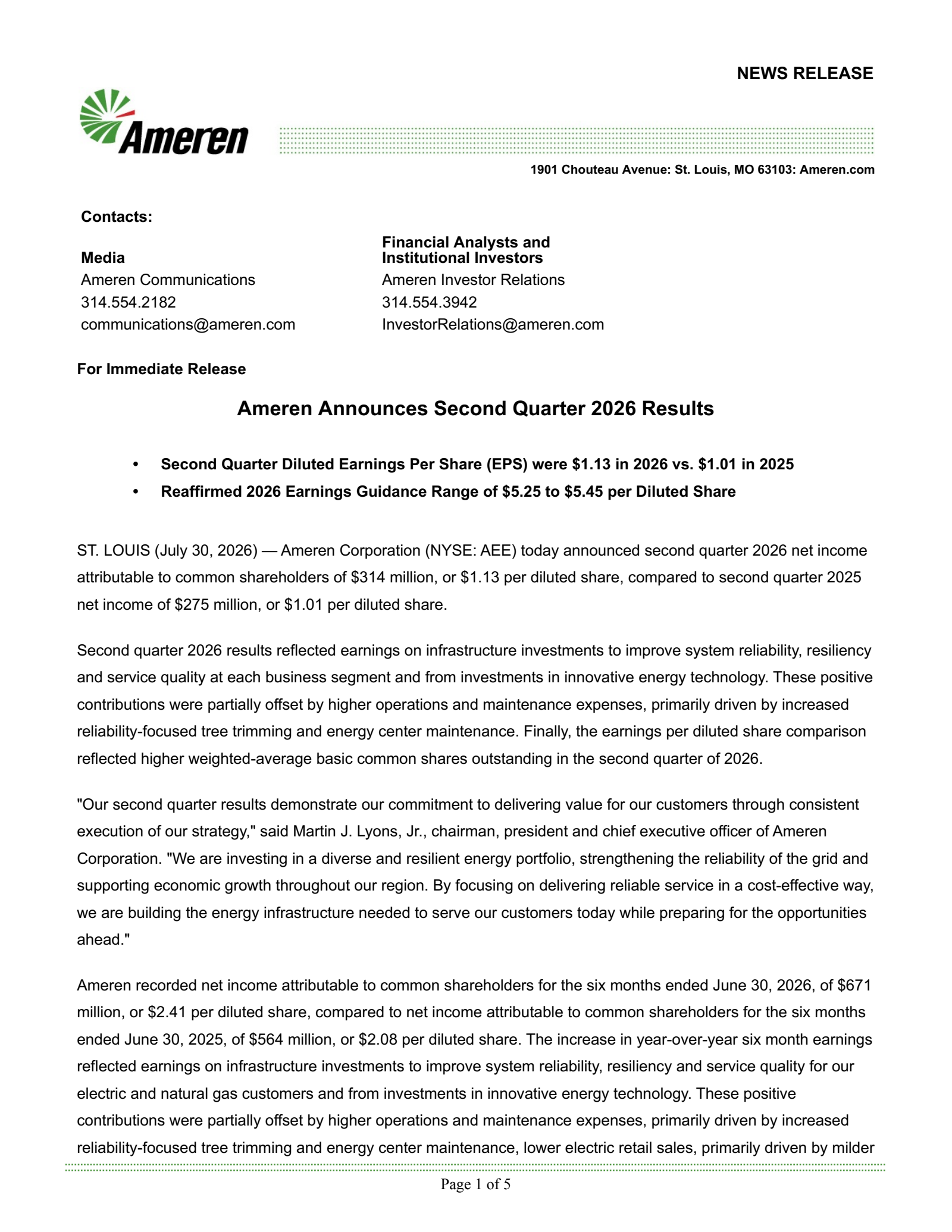 Ameren's Q2 2026 Press Release