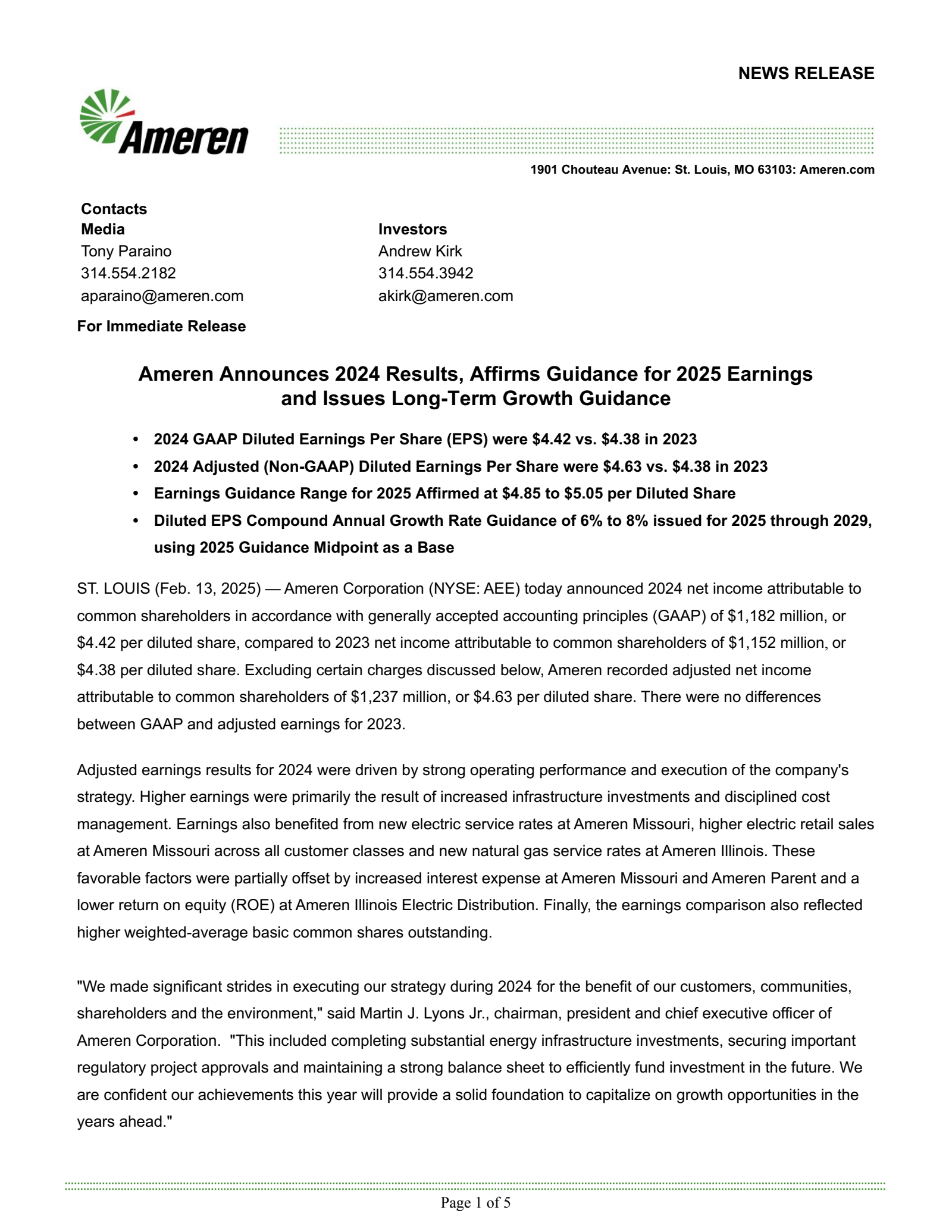 Ameren's Q4 2024 Press Release