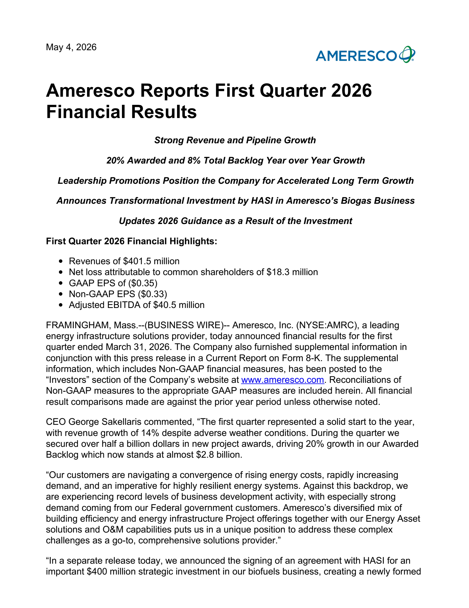 Ameresco's Q1 2026 Press Release