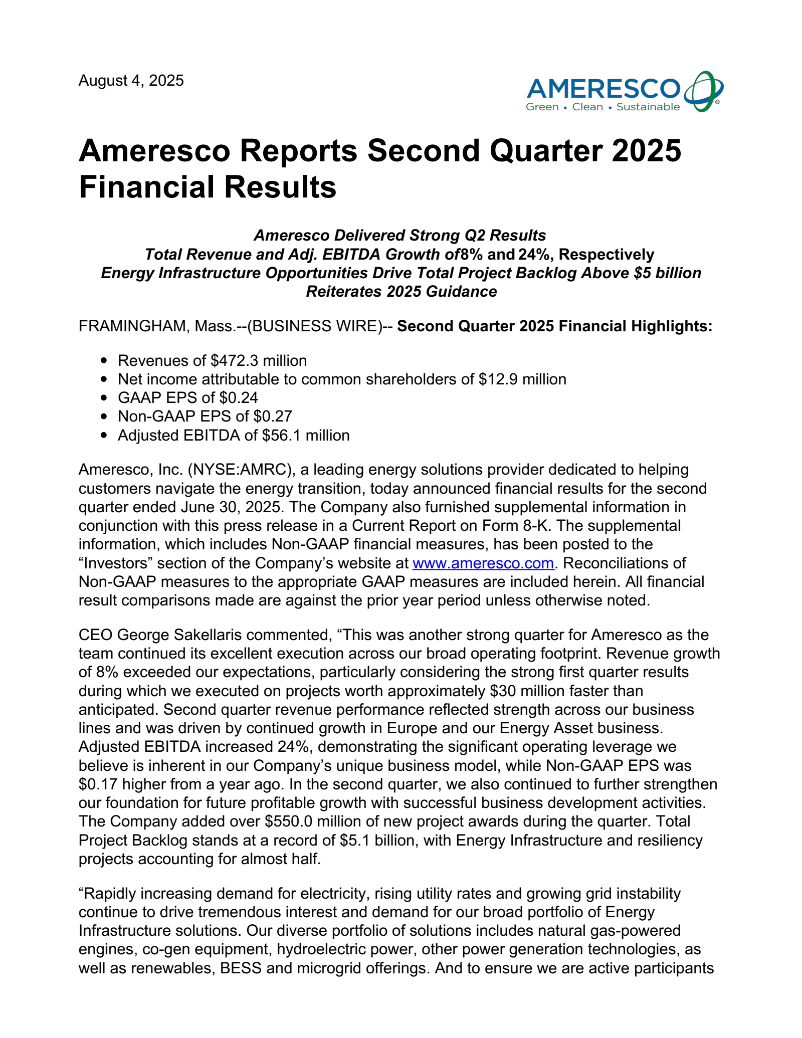 Ameresco's Q2 2025 Press Release