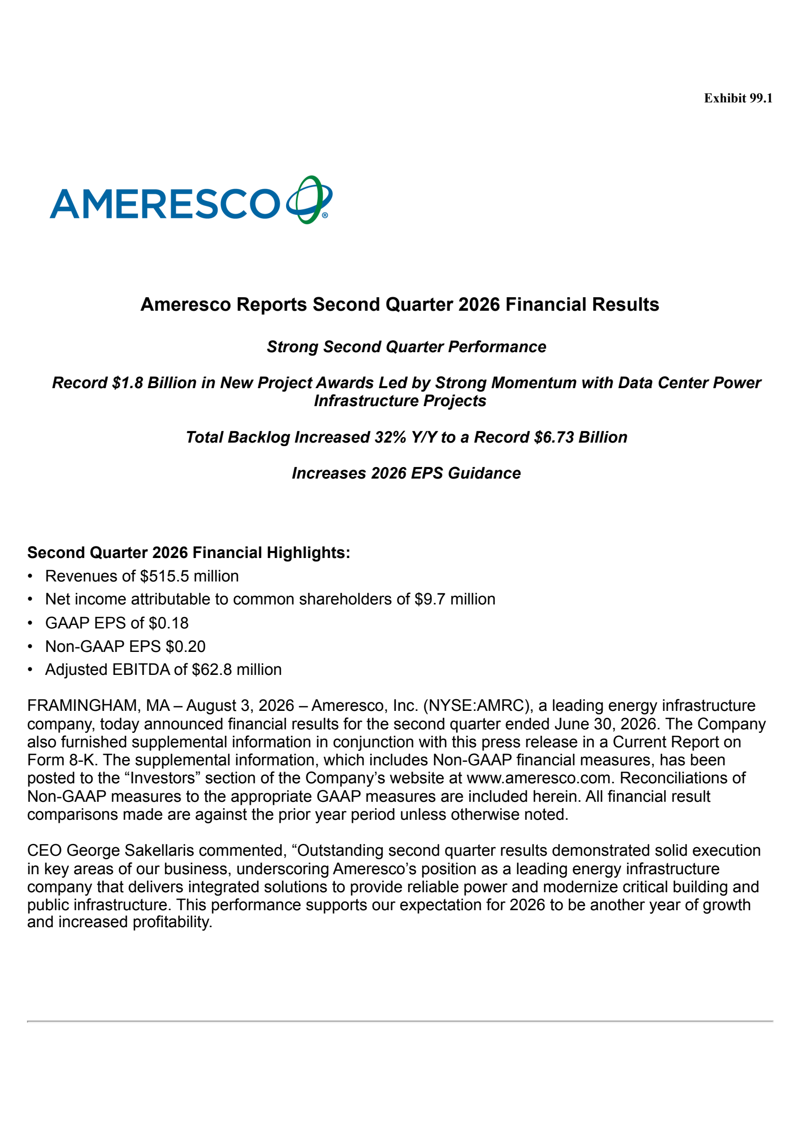 Ameresco's Q2 2026 Press Release