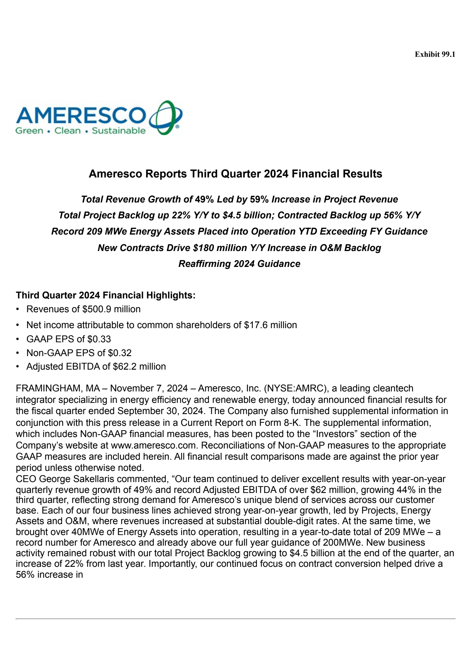 Ameresco's Q3 2024 Press Release