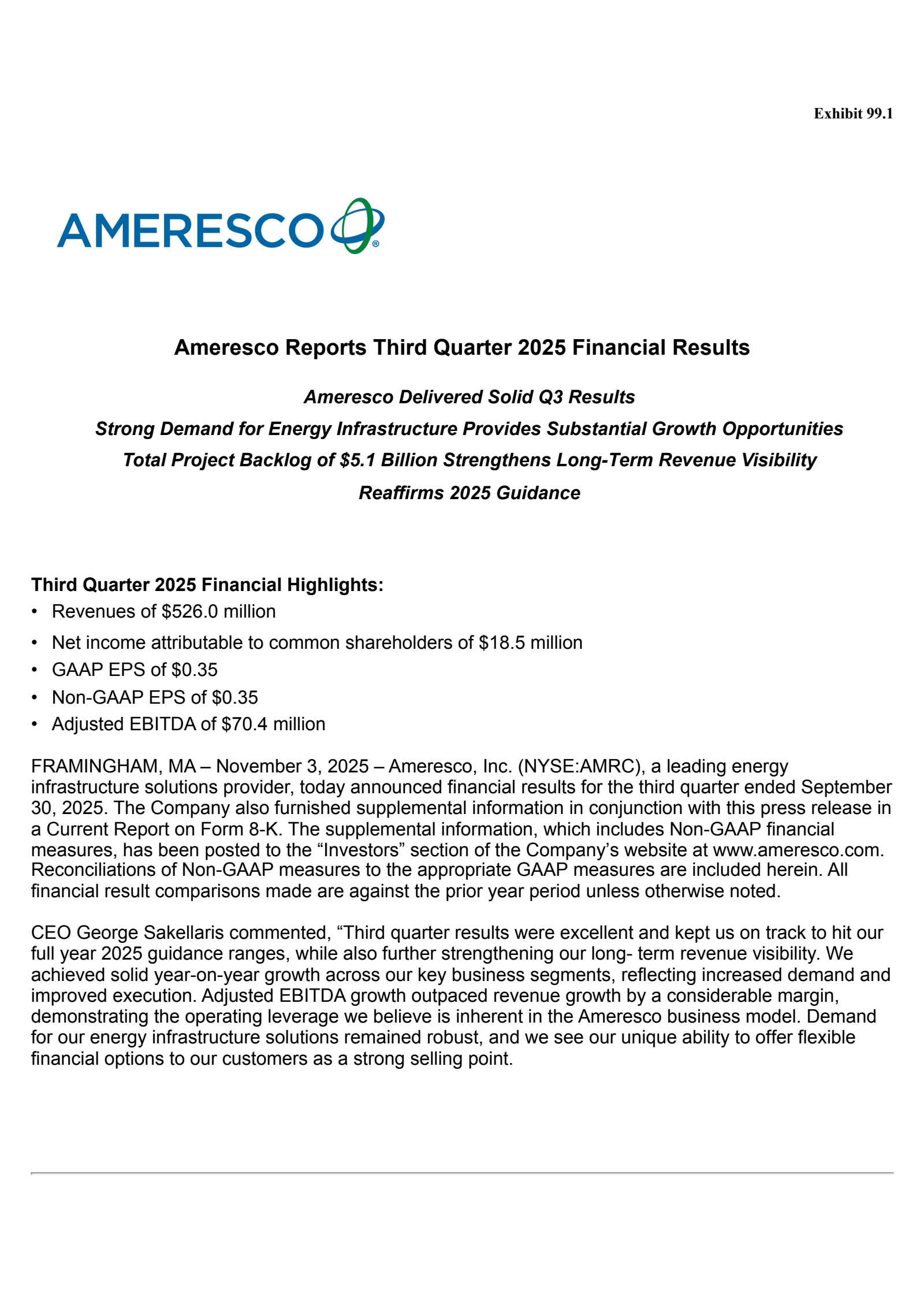 Ameresco's Q3 2025 Earnings Release