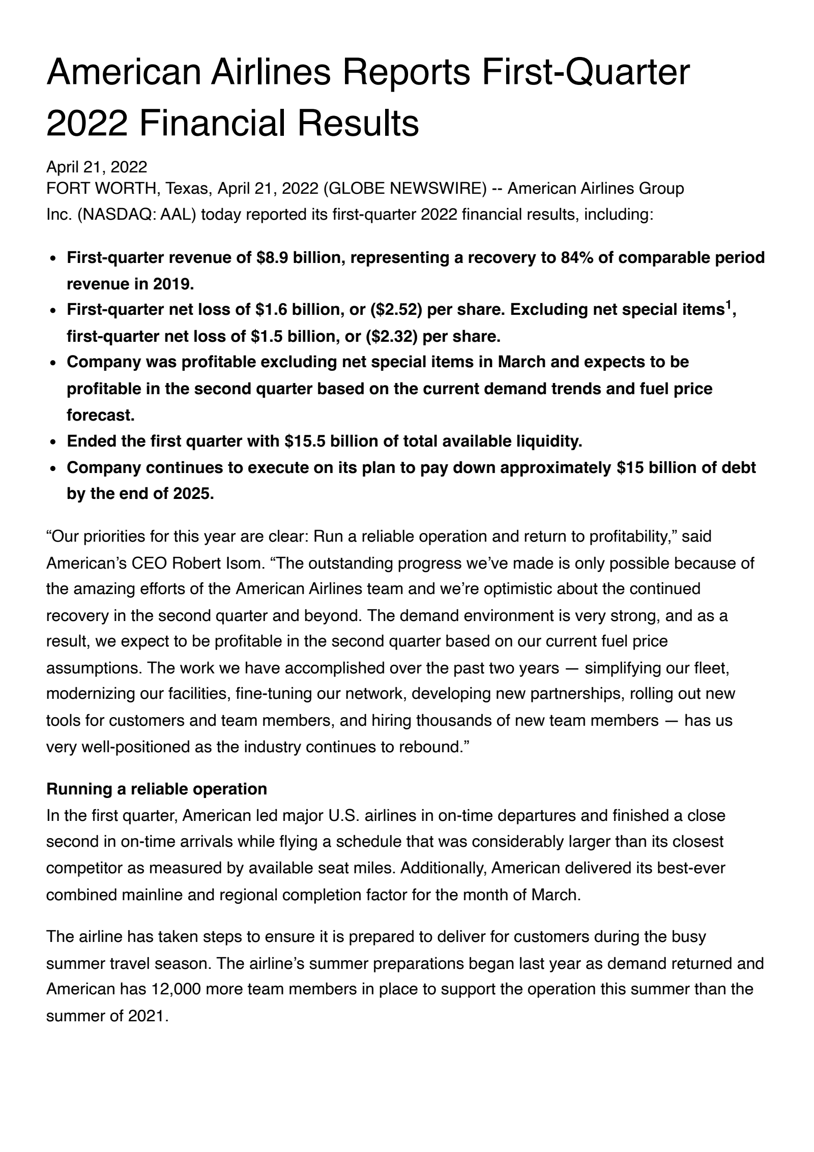 American Airlines Group's Q1 2022 Earnings Release