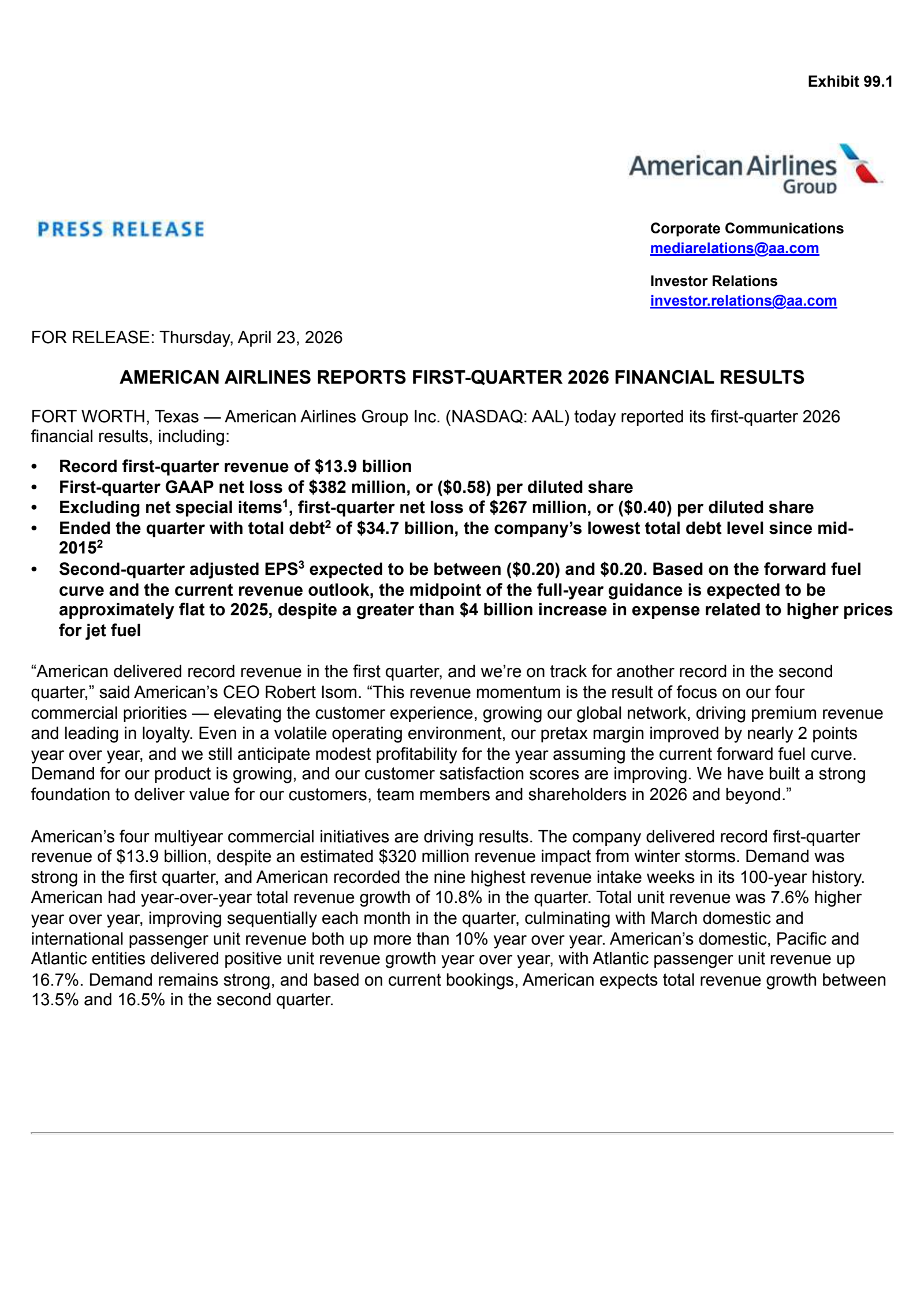 American Airlines Group's Q1 2026 Press Release