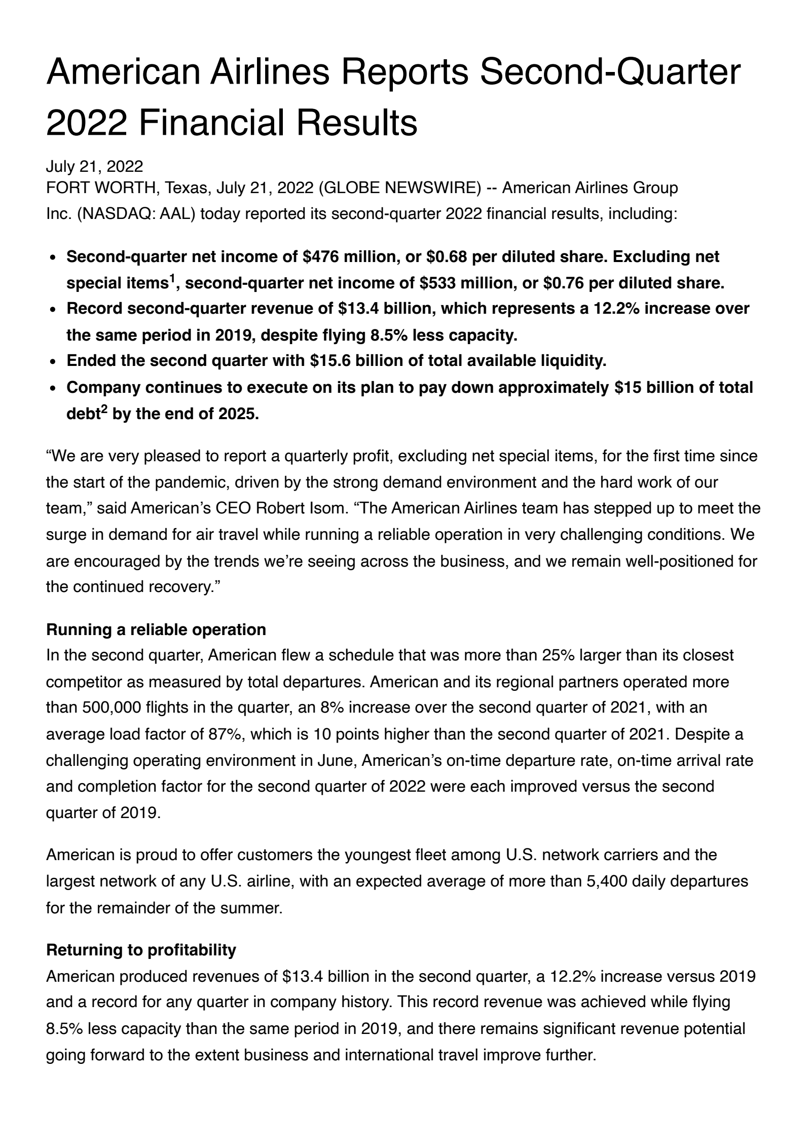 American Airlines Group's Q2 2022 Earnings Release