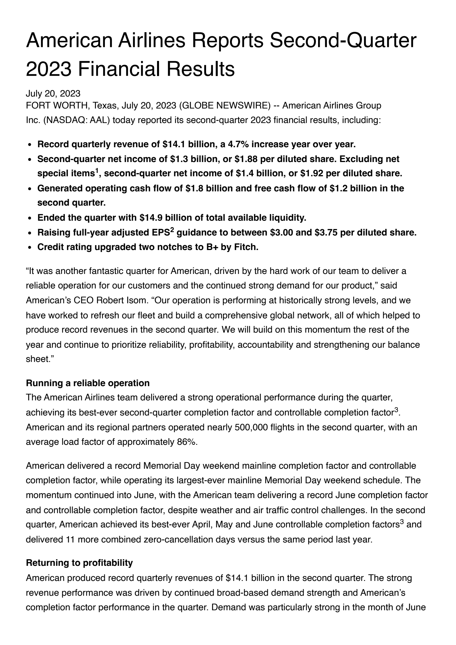 American Airlines Group's Q2 2023 Earnings Release