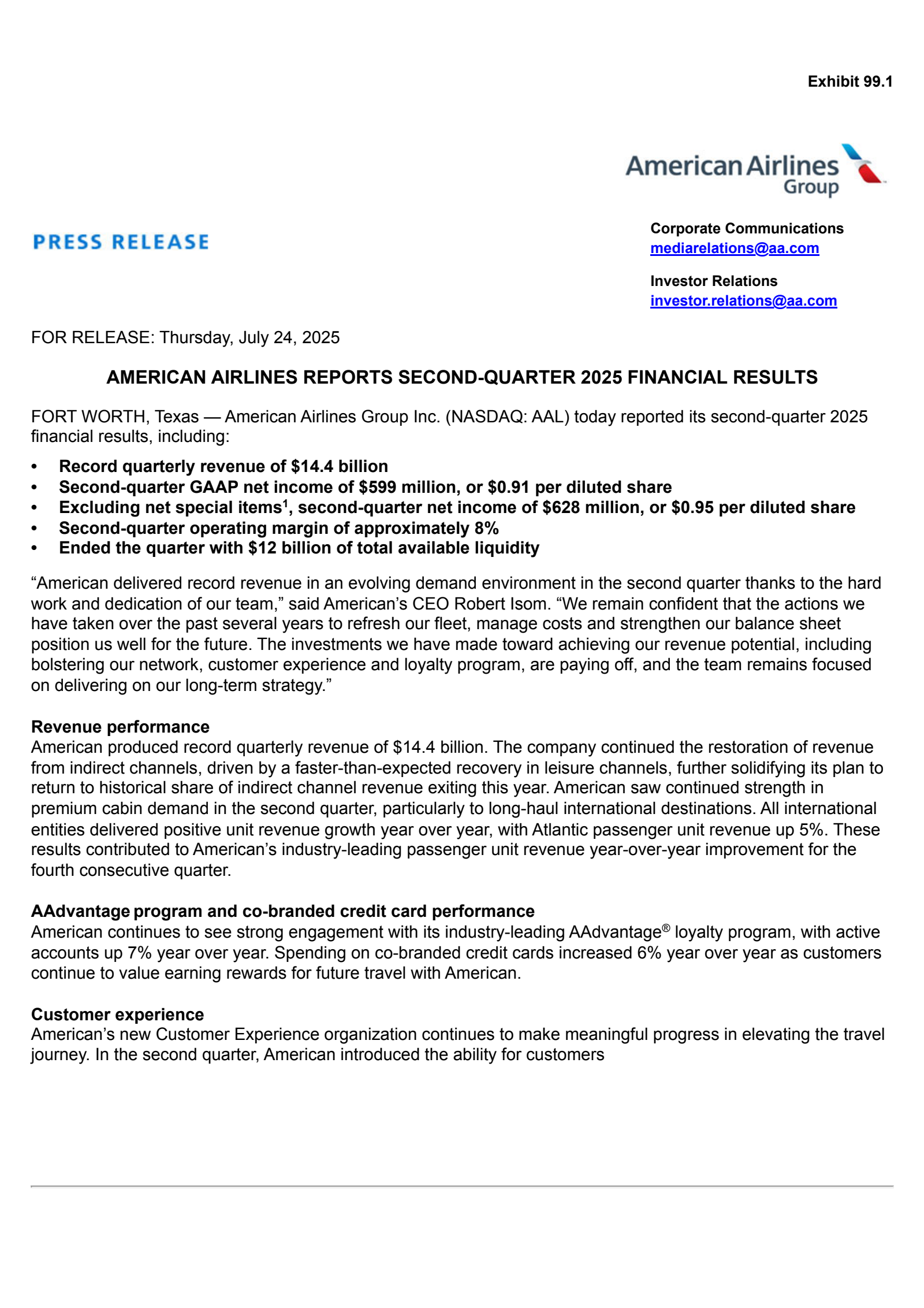 American Airlines Group's Q2 2025 Press Release