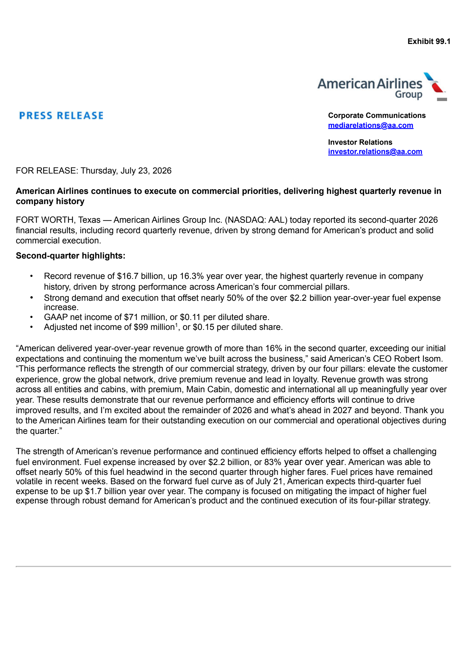 American Airlines Group's Q2 2026 Press Release