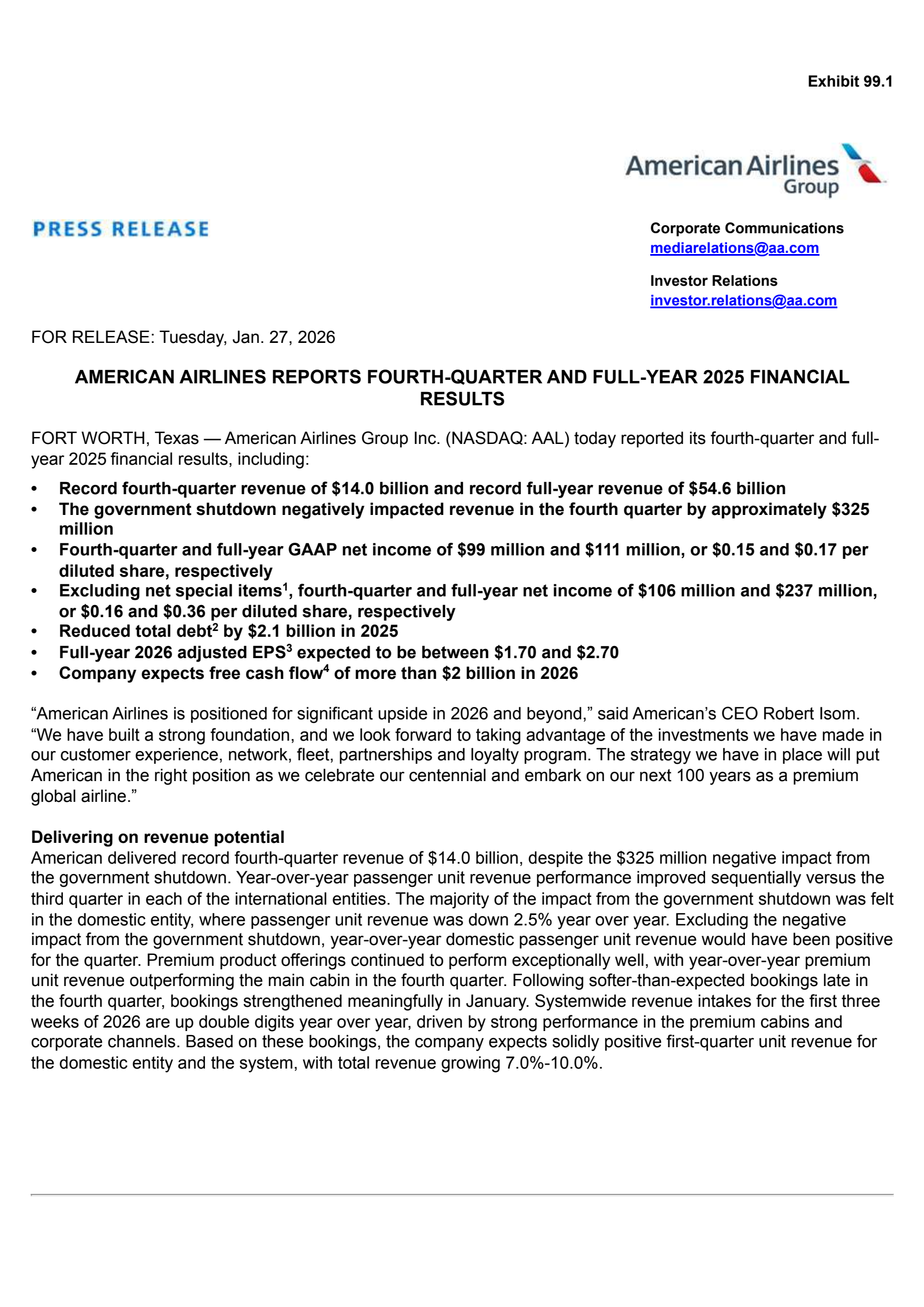 American Airlines Group's Q4 2025 Press Release