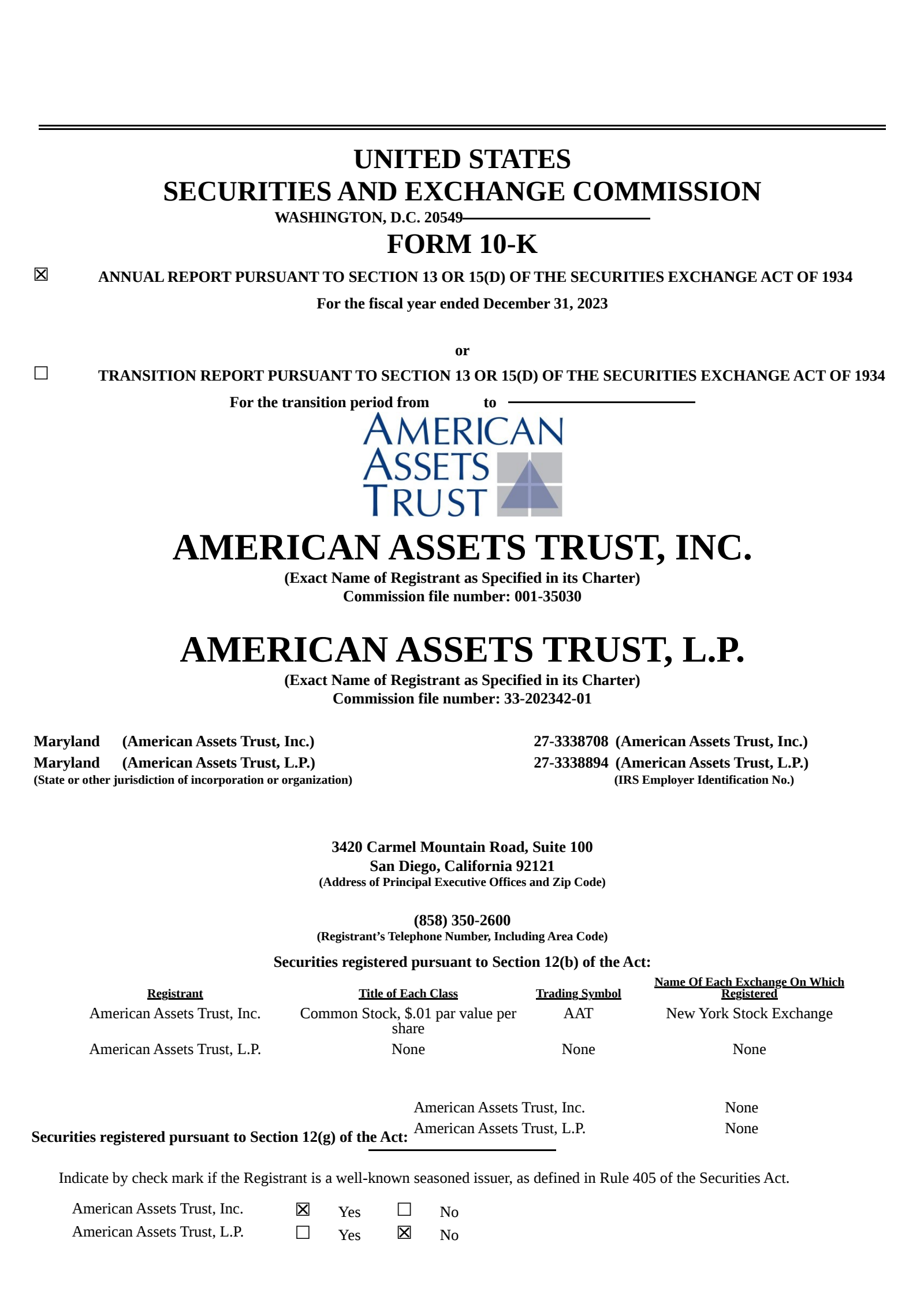American Assets Trust's Q4 2023 Annual report
