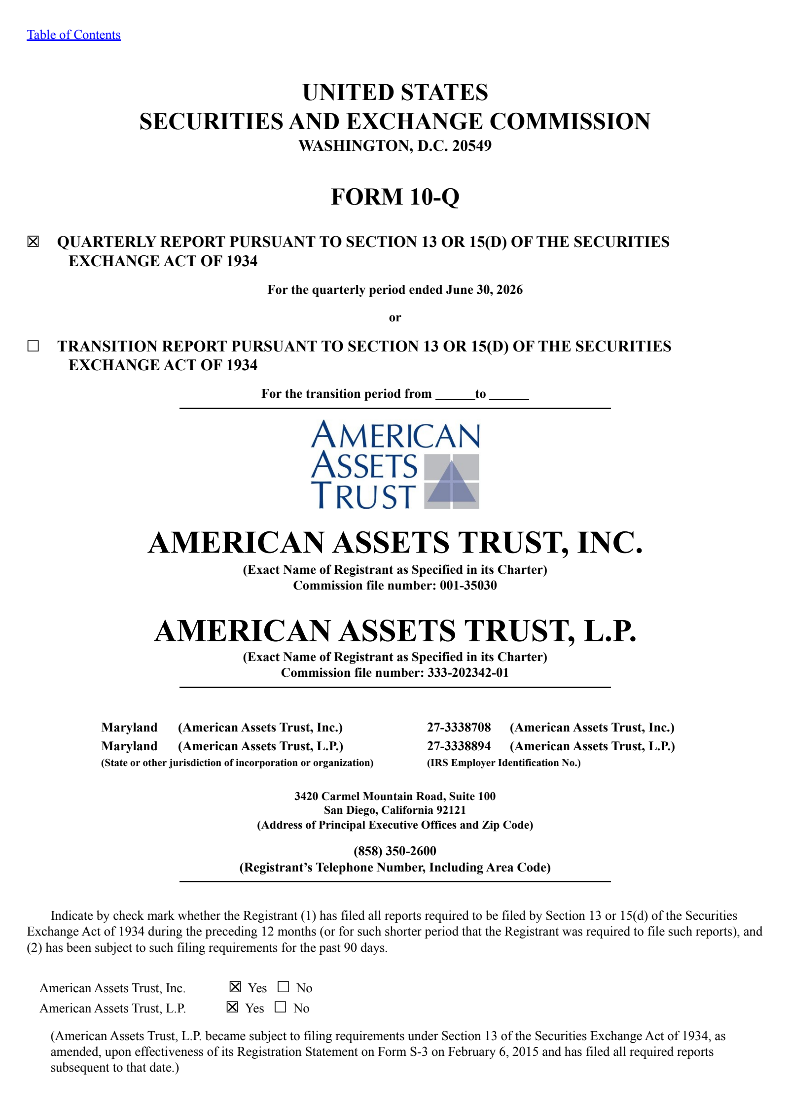 American Assets Trust's Q2 2026 Quarterly report