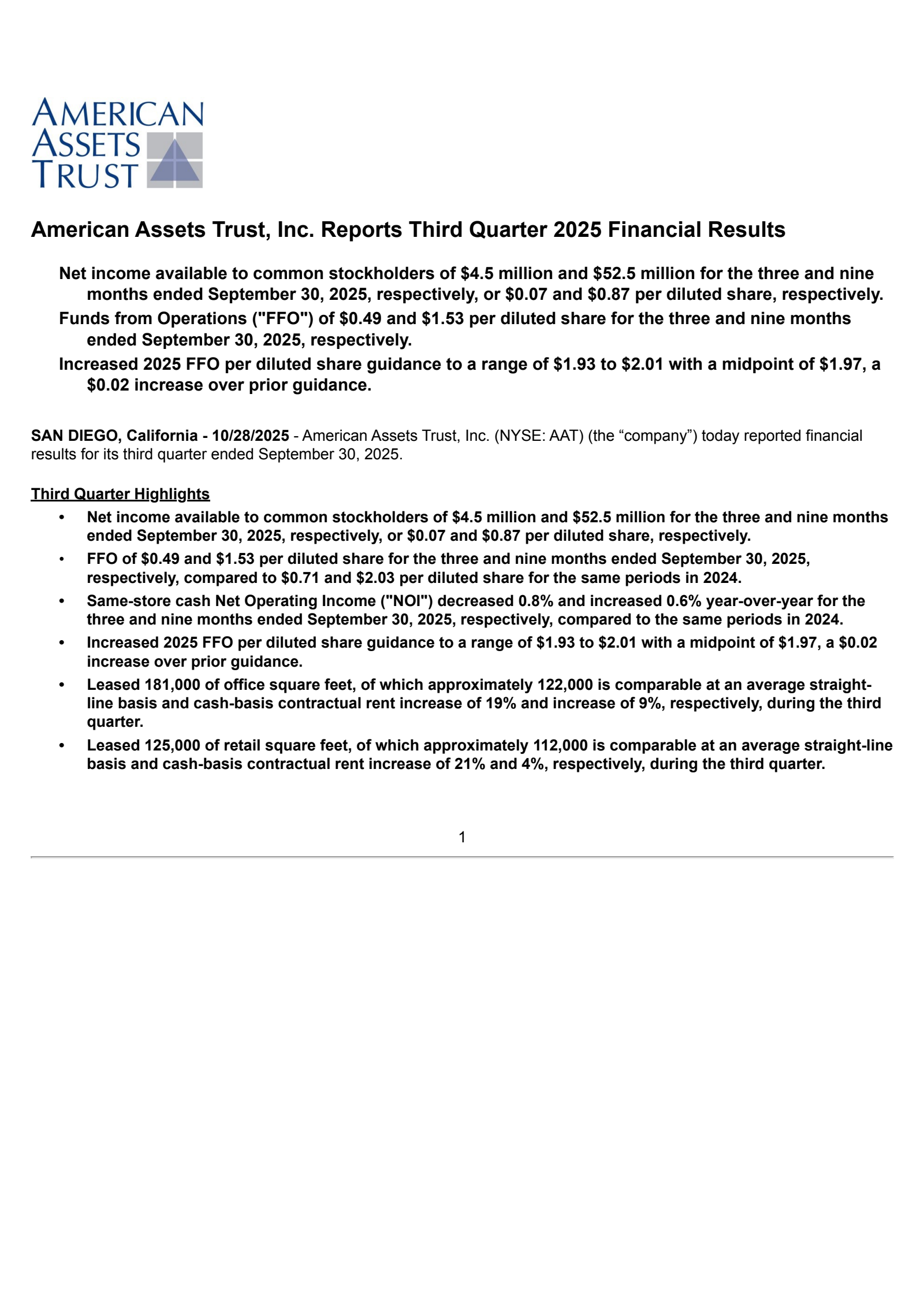 American Assets Trust's Q3 2025 Earnings Release