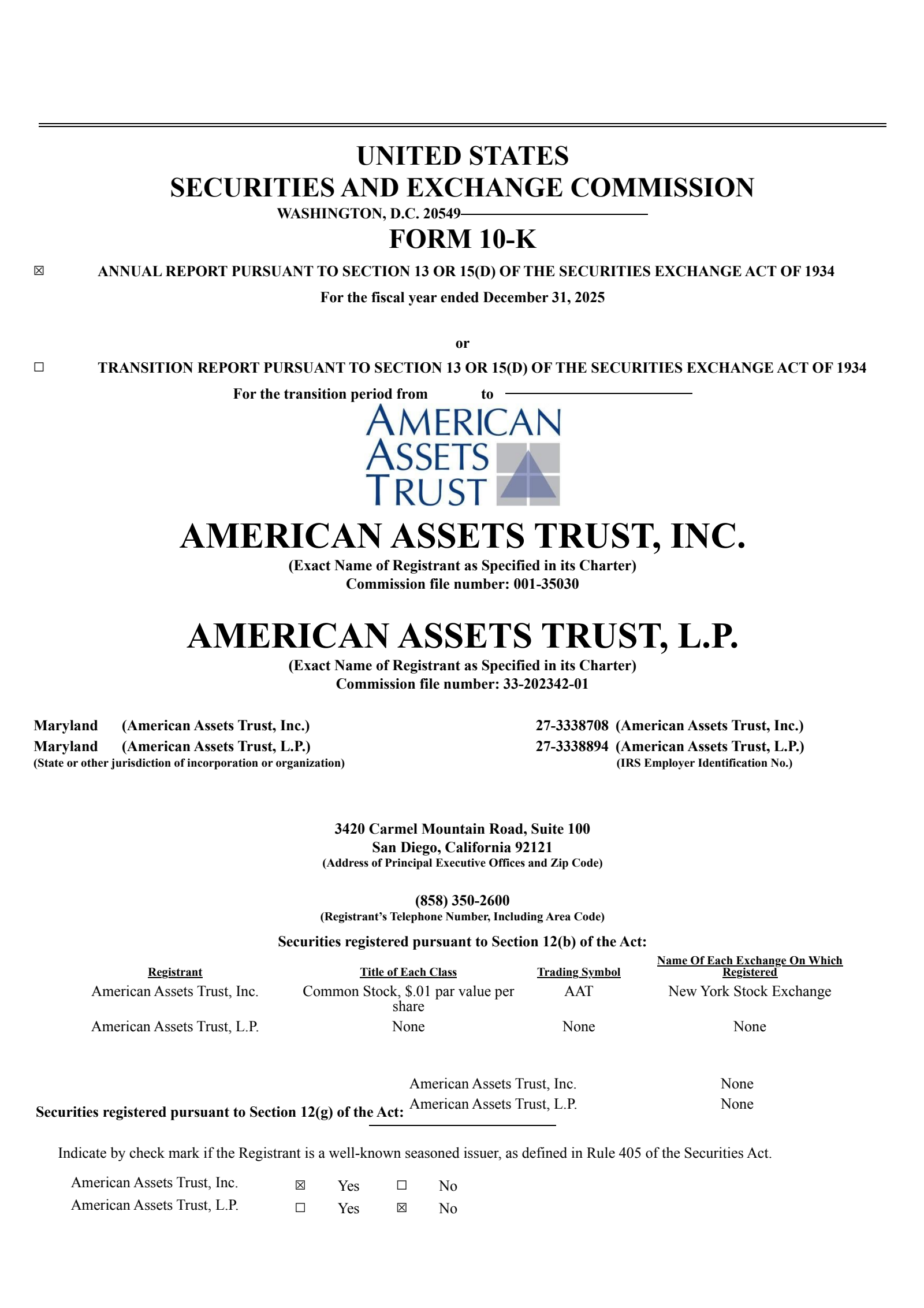 American Assets Trust's Q4 2025 Annual report
