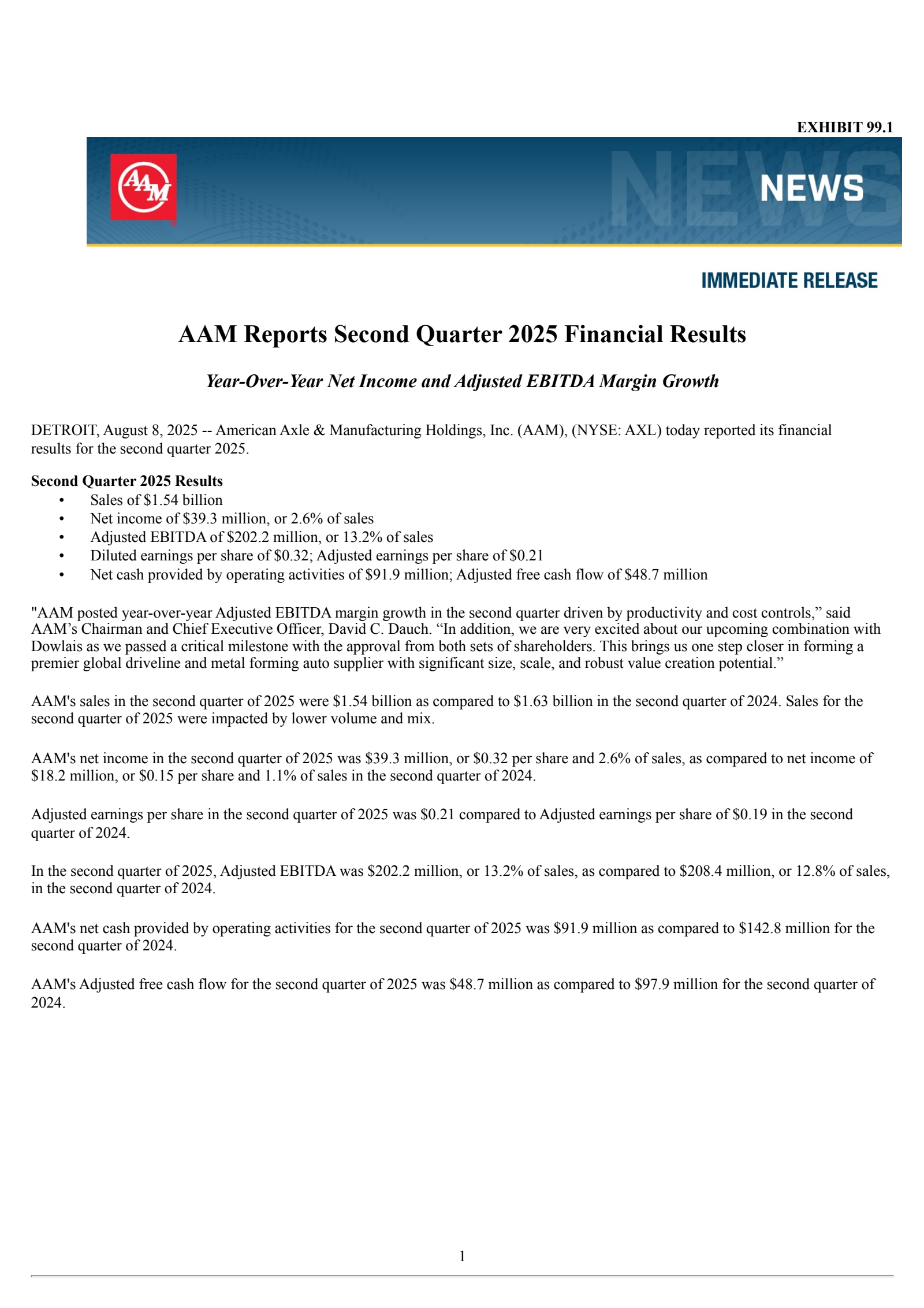 American Axle & Manufacturing's Q2 2025 Press Release