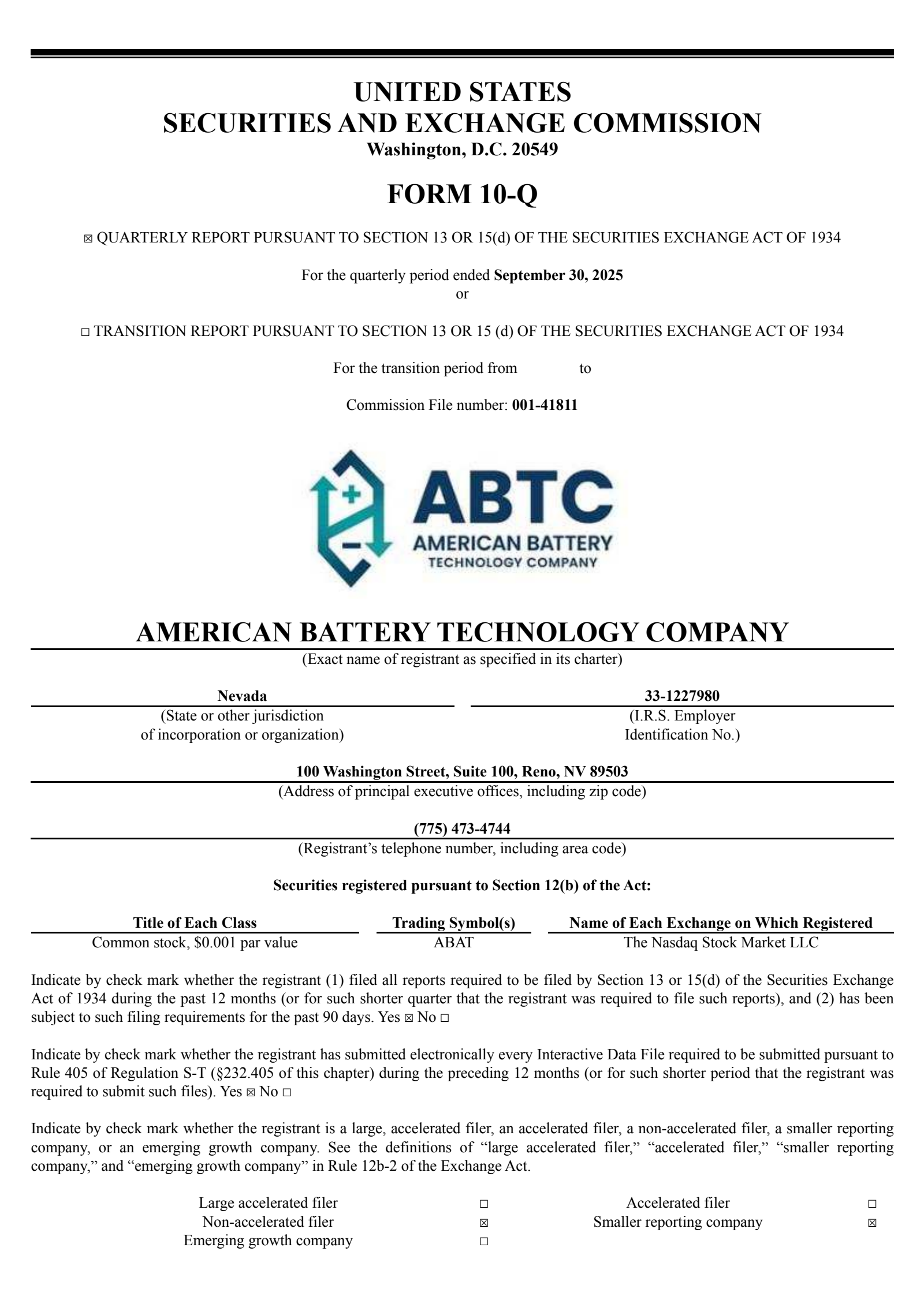 American Battery Technology's Q1 2026 Quarterly Report
