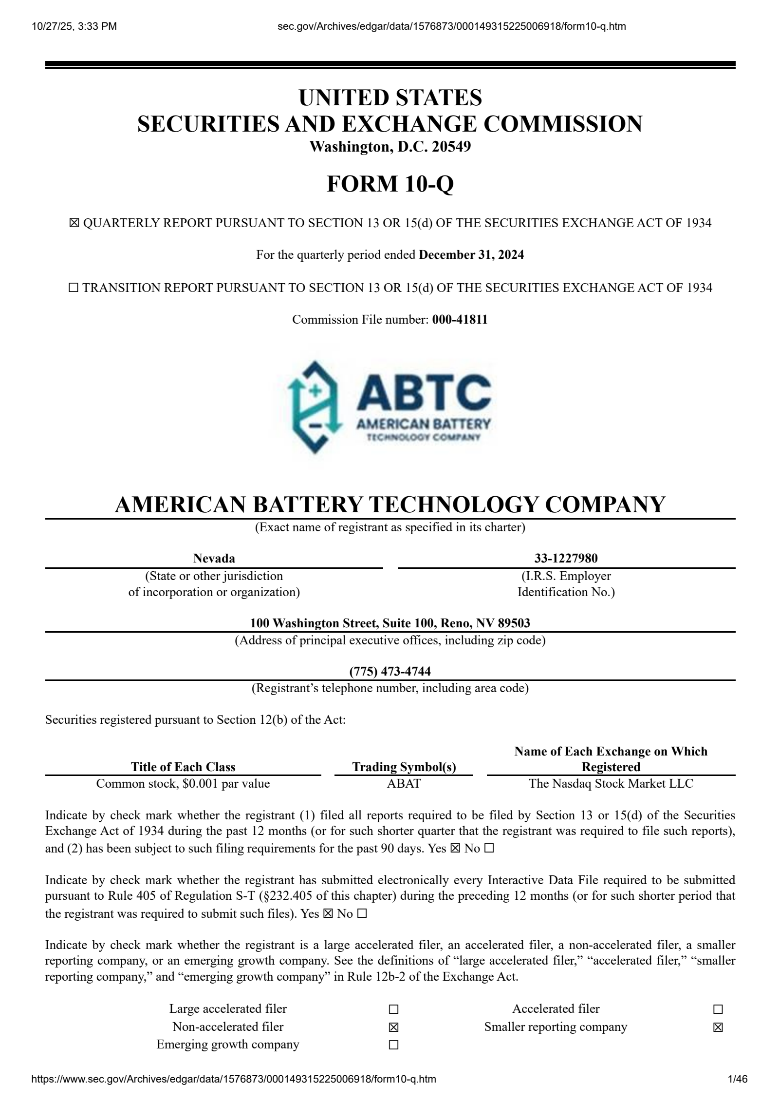 American Battery Technology's Q2 2025 Quarterly Report