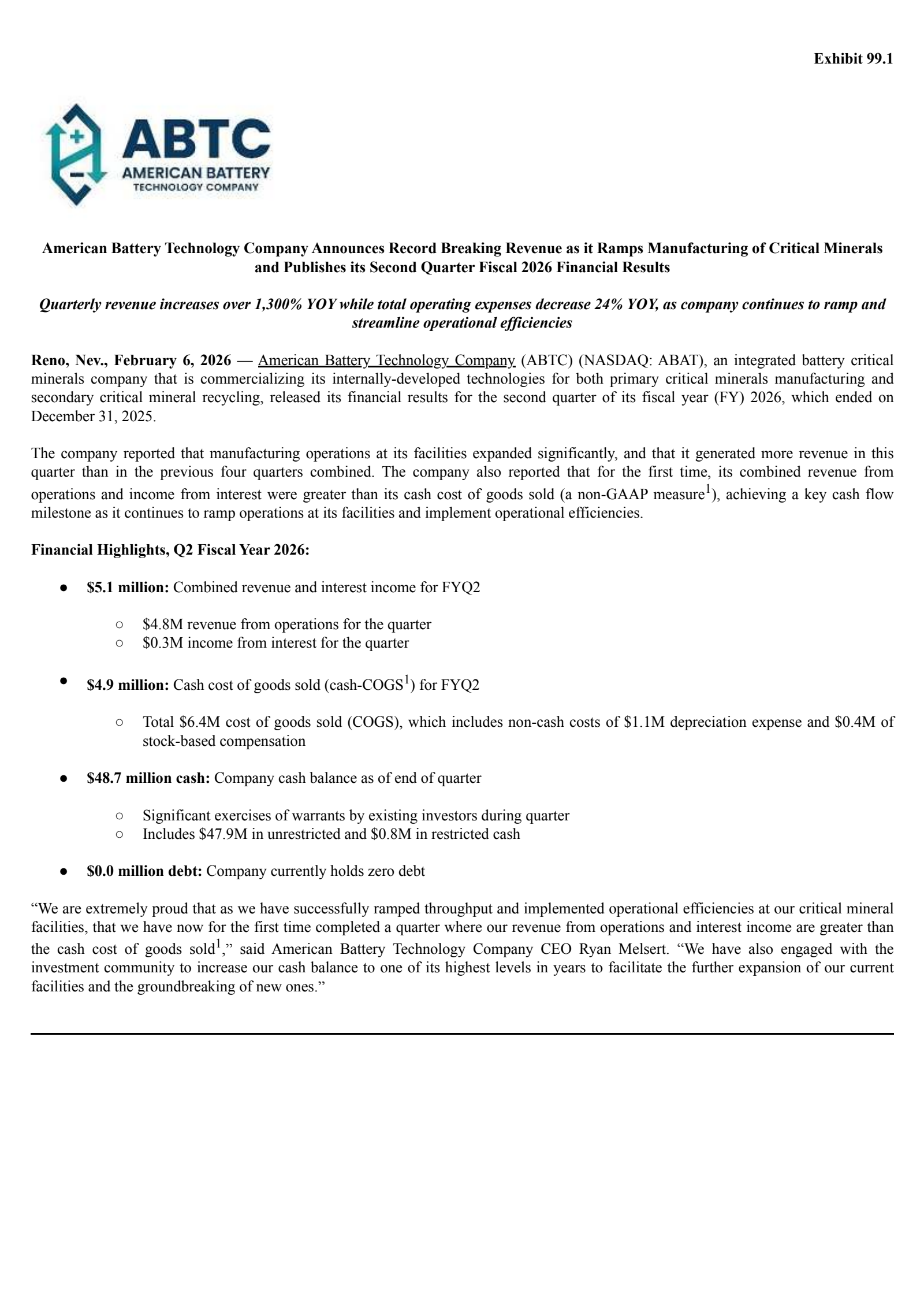 American Battery Technology's Q2 2026 Press Release