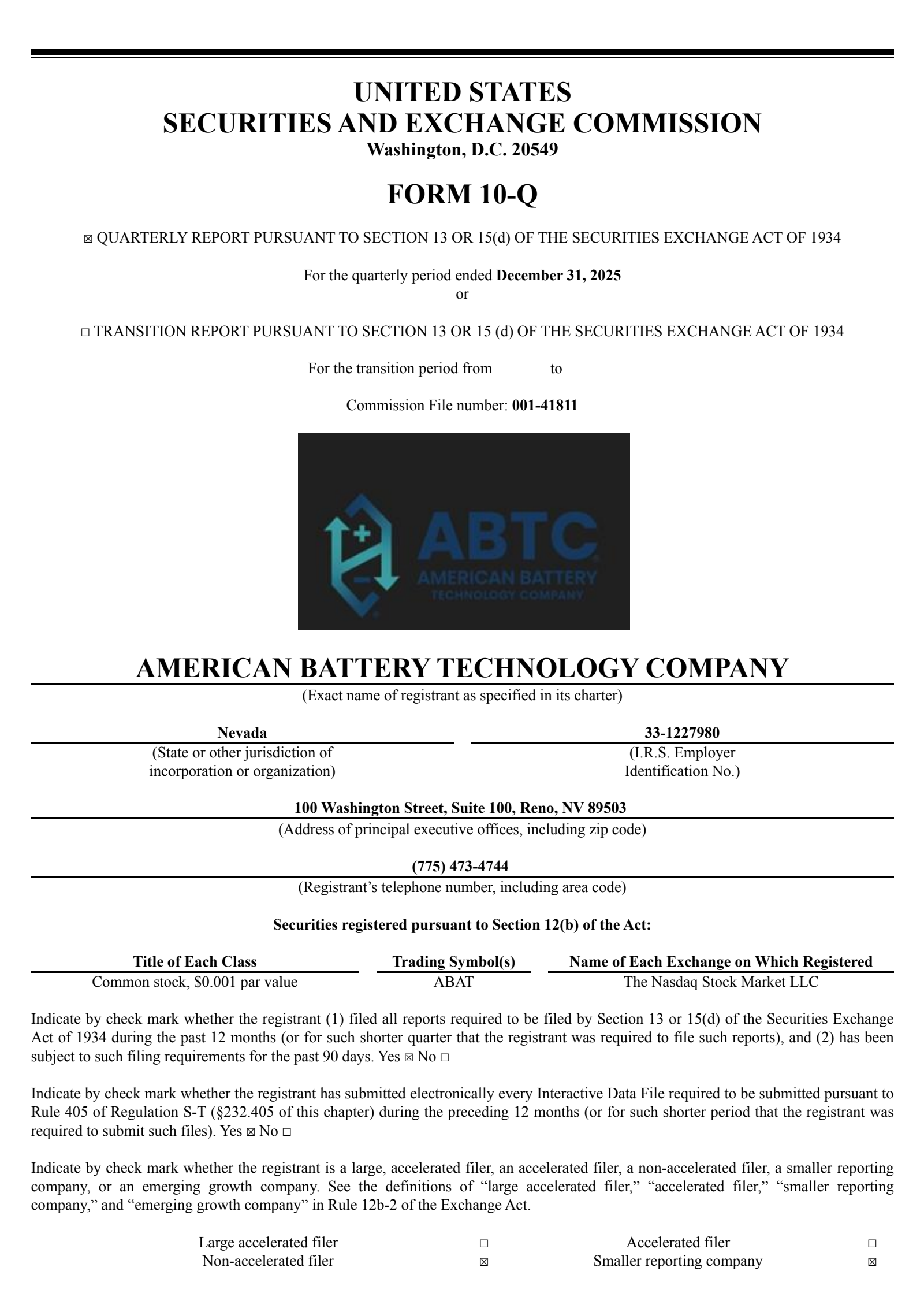 American Battery Technology's Q2 2026 Quarterly report