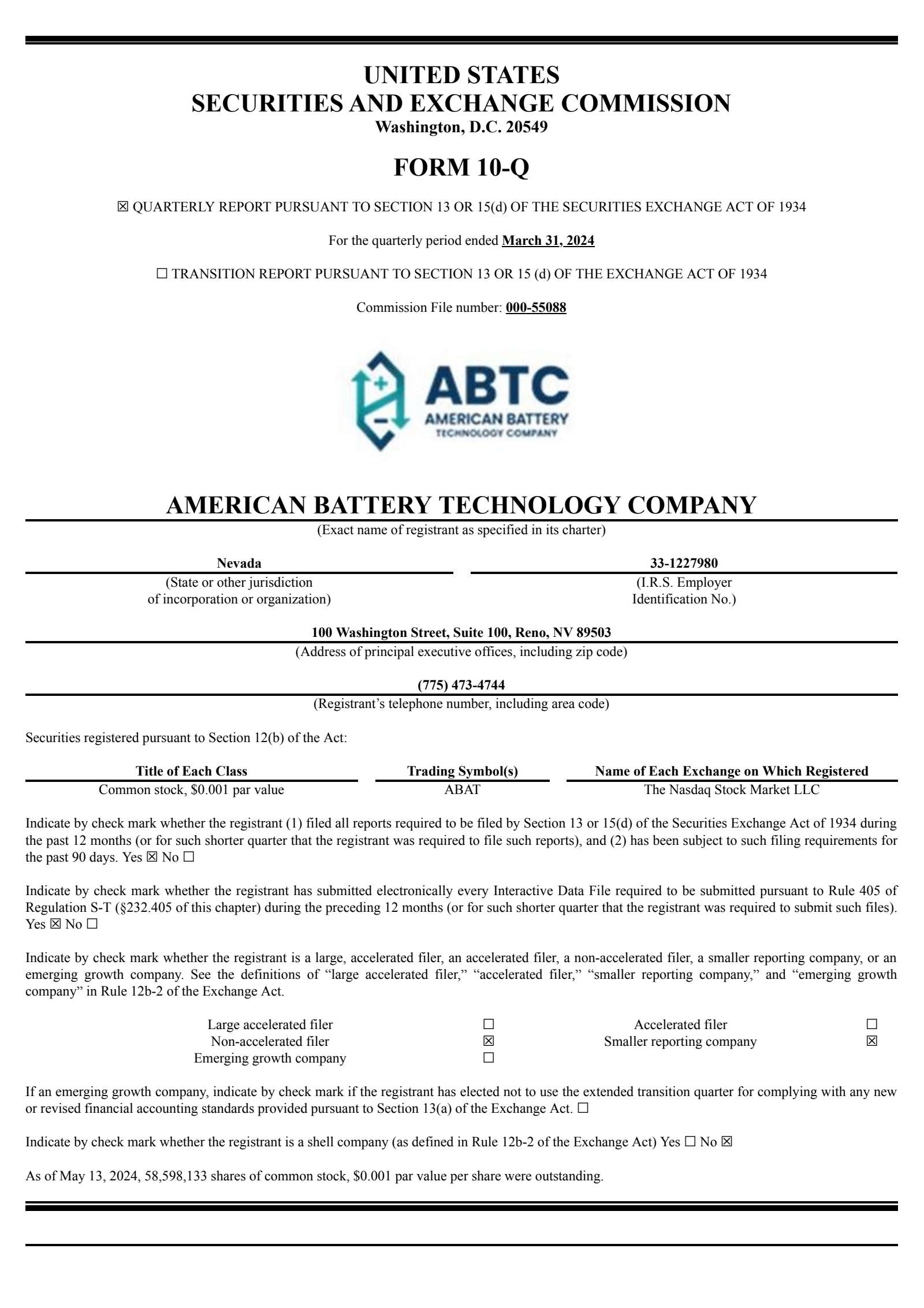 American Battery Technology's Q3 2024 Quarterly Report
