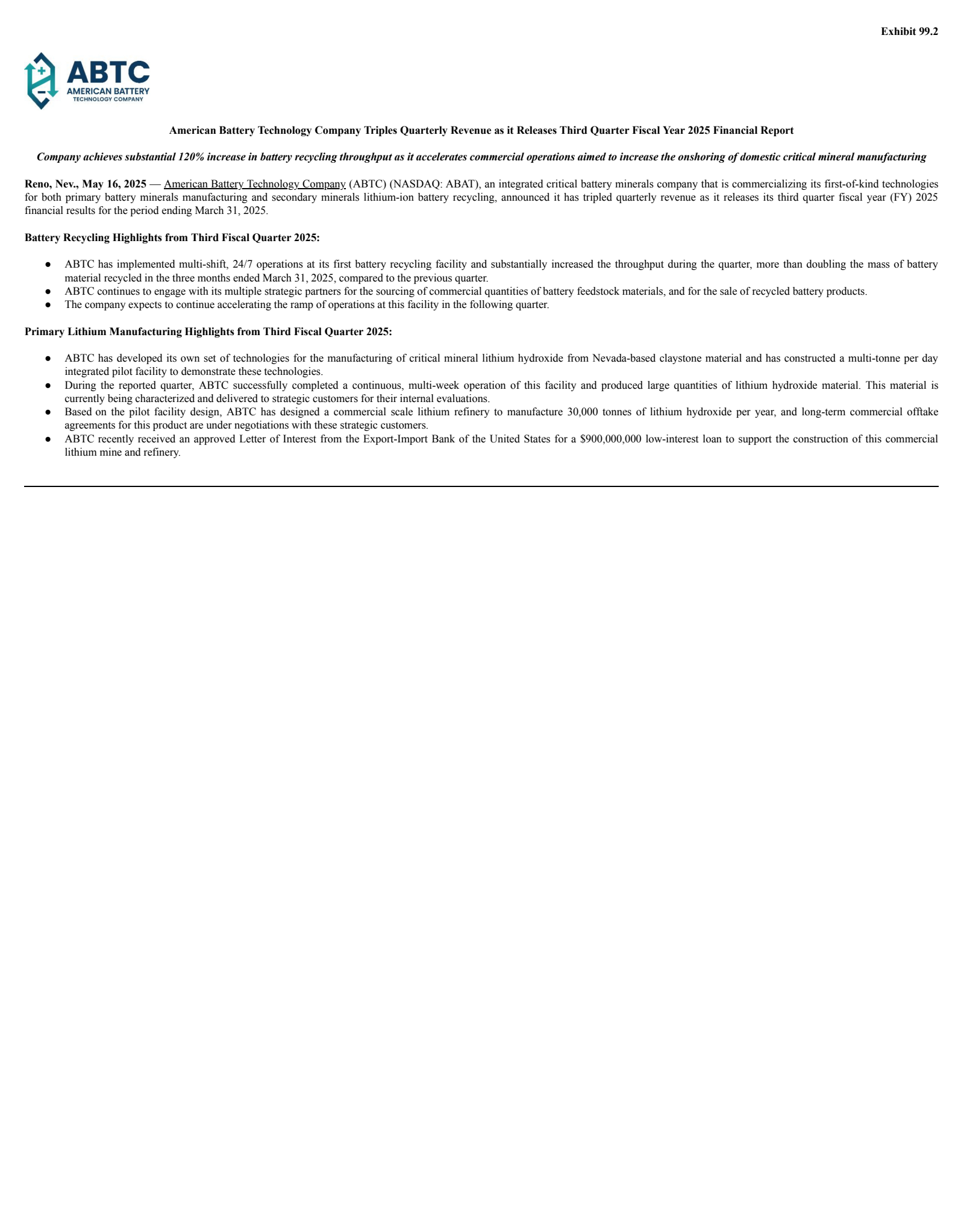 American Battery Technology's Q3 2025 Earnings Release