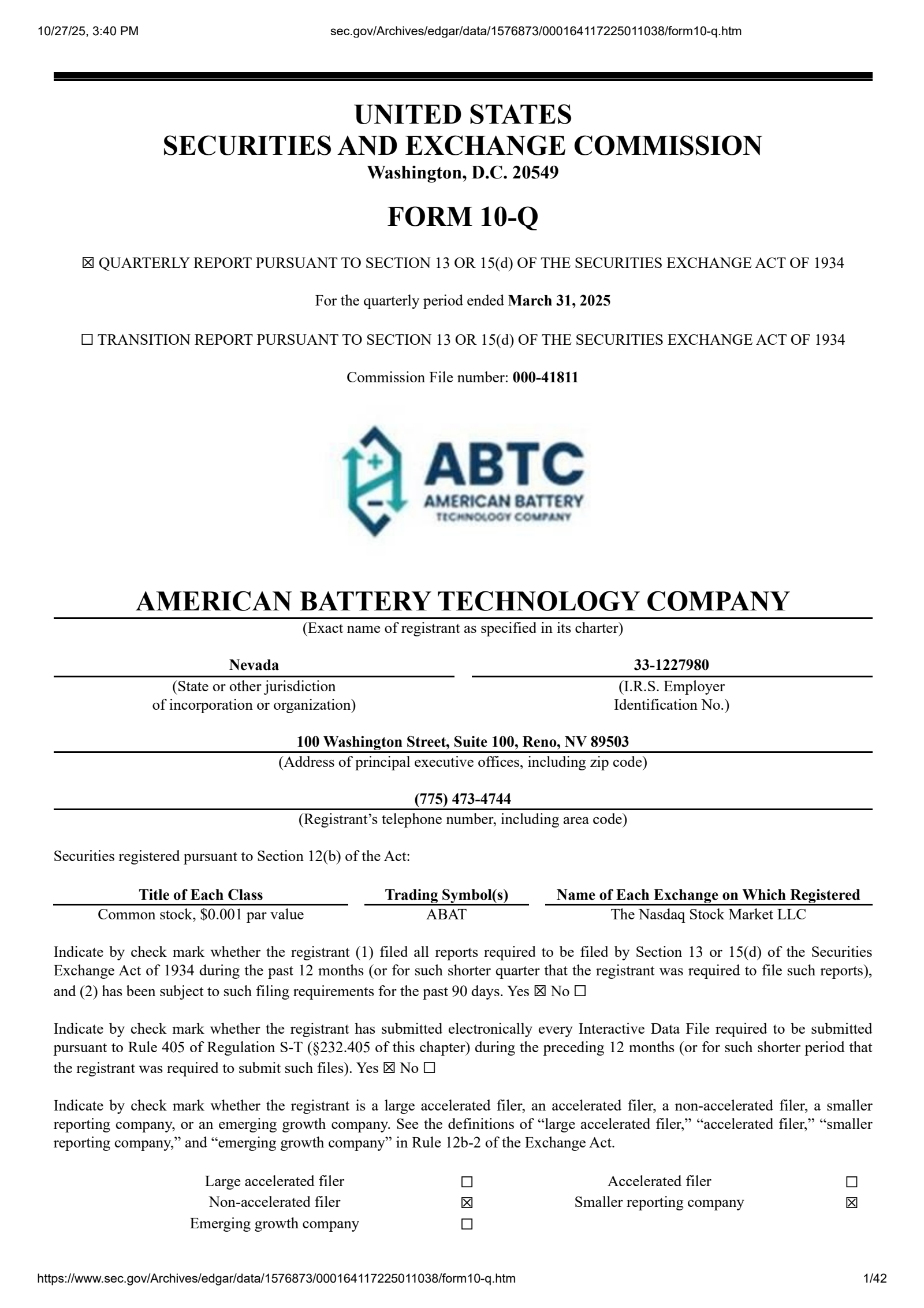 American Battery Technology's Q3 2025 Quarterly Report