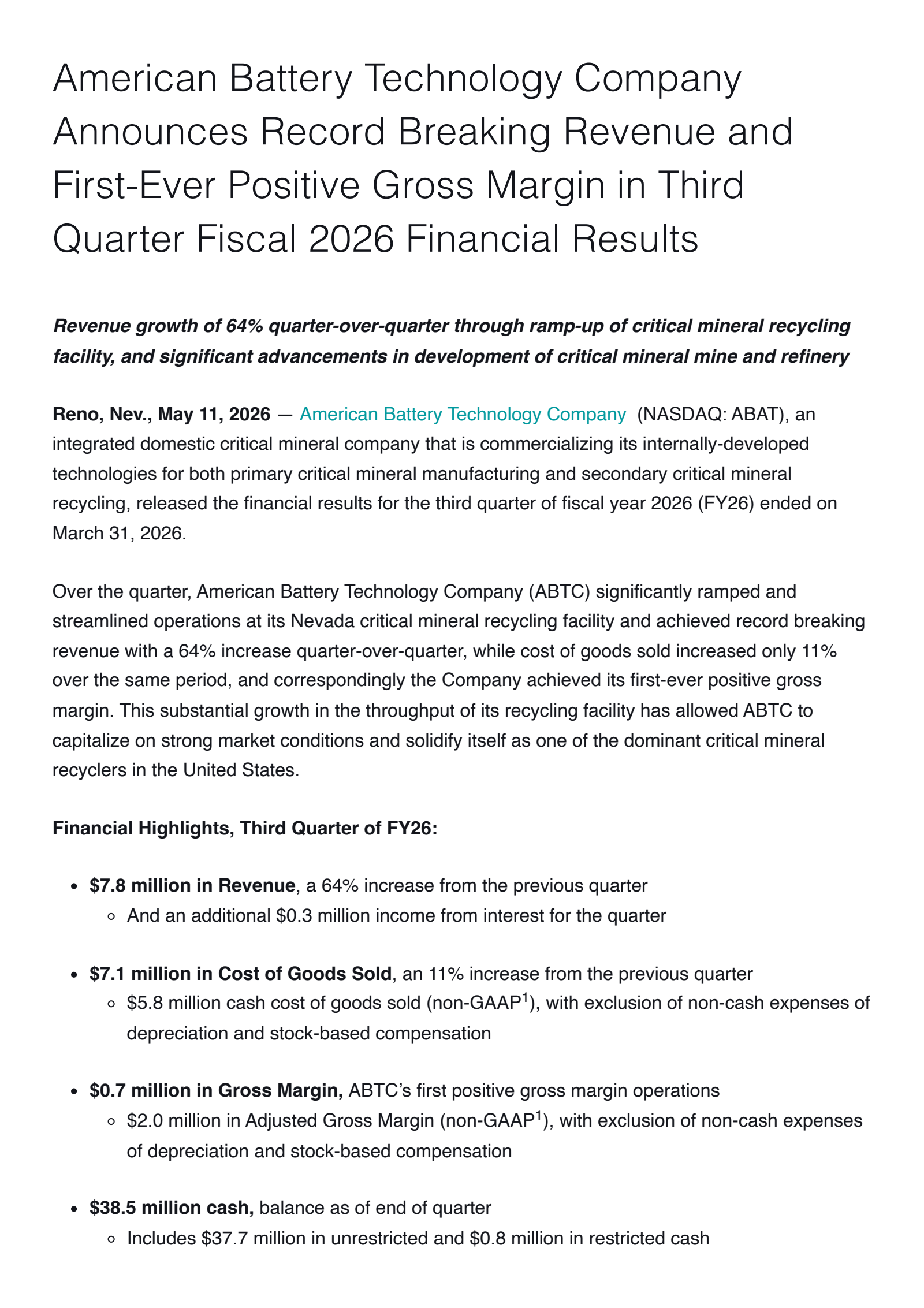 American Battery Technology's Q3 2026 Press Release